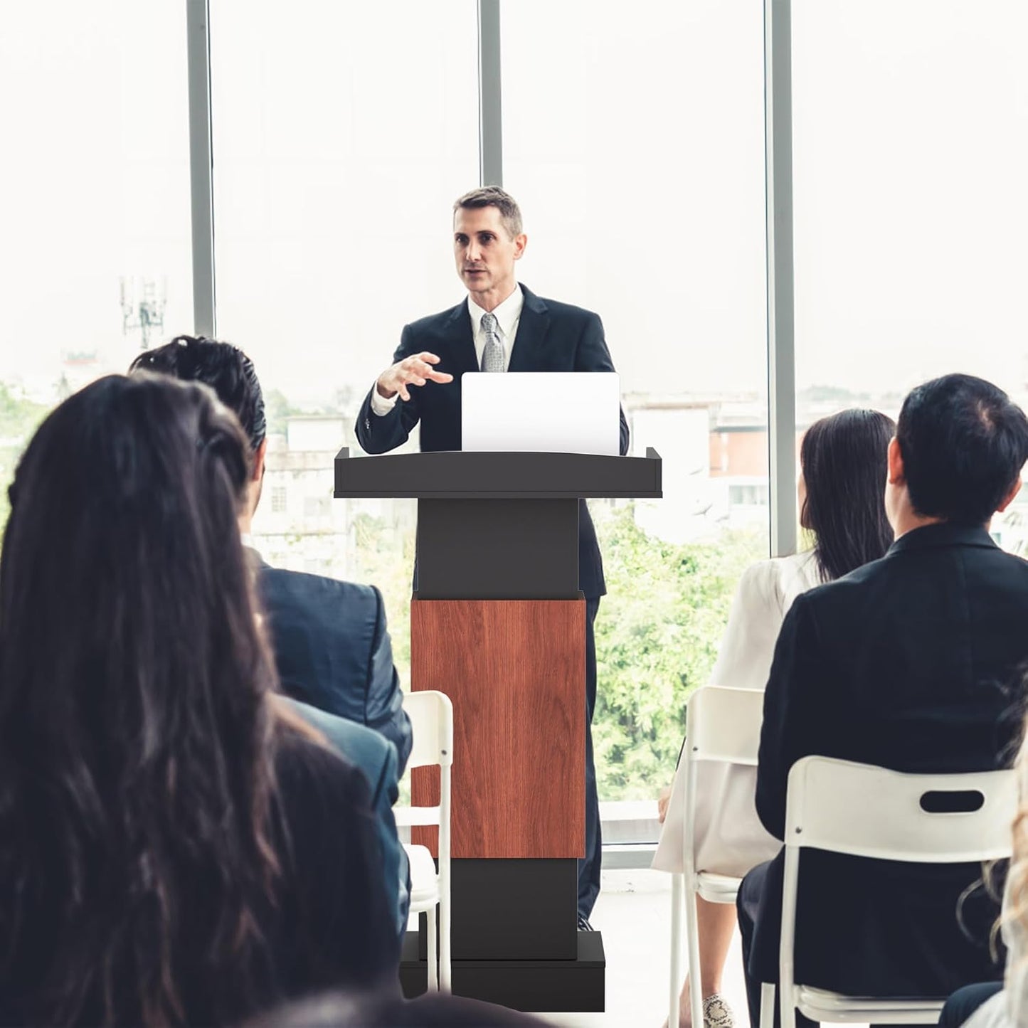 Wood Podium,Lectern Stand,12MM Particle Board,Podium with Storage,Mic Stand Space,Easy Installation Wooden Stand for Restaurants,Churches,Seminars and Schools