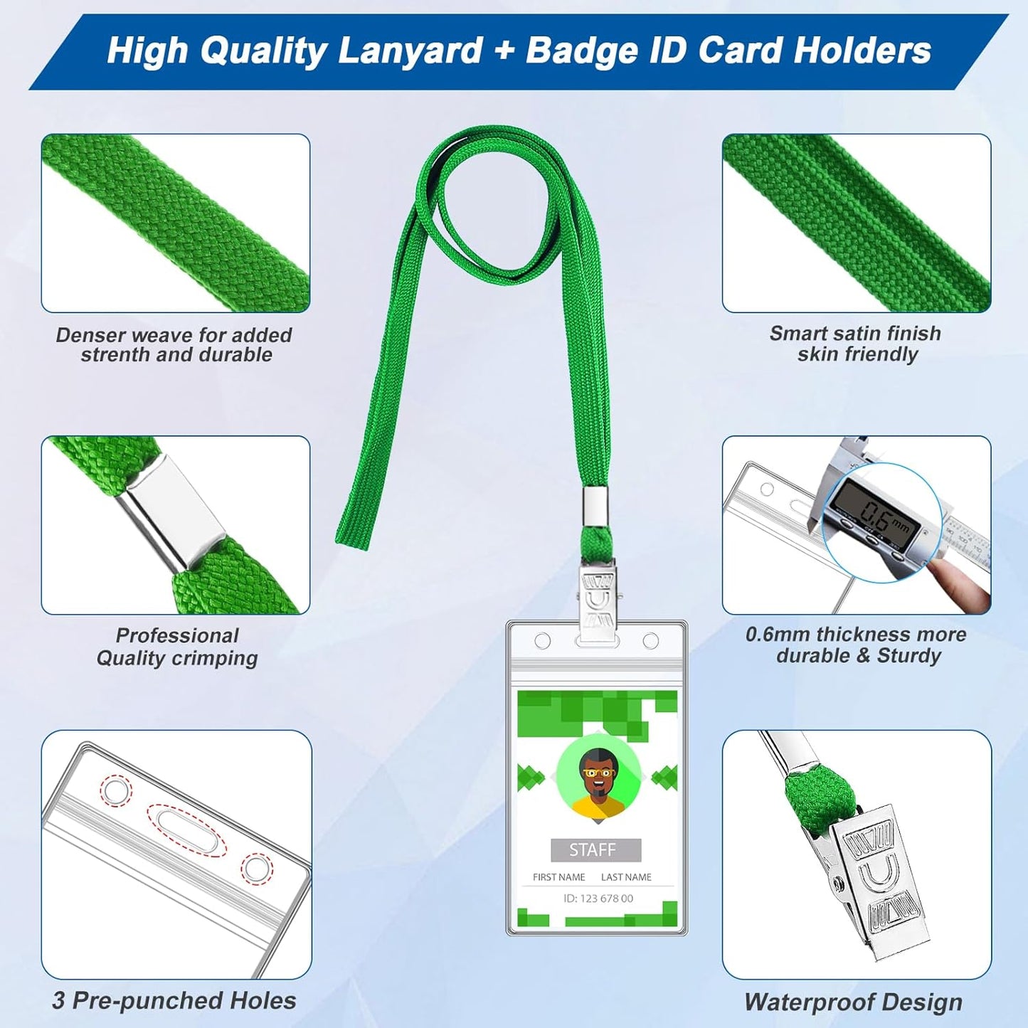 100 Sets Lanyards for Id Badges and Clear Plastic Vertical Name Badge ID Card Holders, Flat Neck Lanyards with Clip Waterproof Resealable Name Tag Badge ID Card Holders, Green