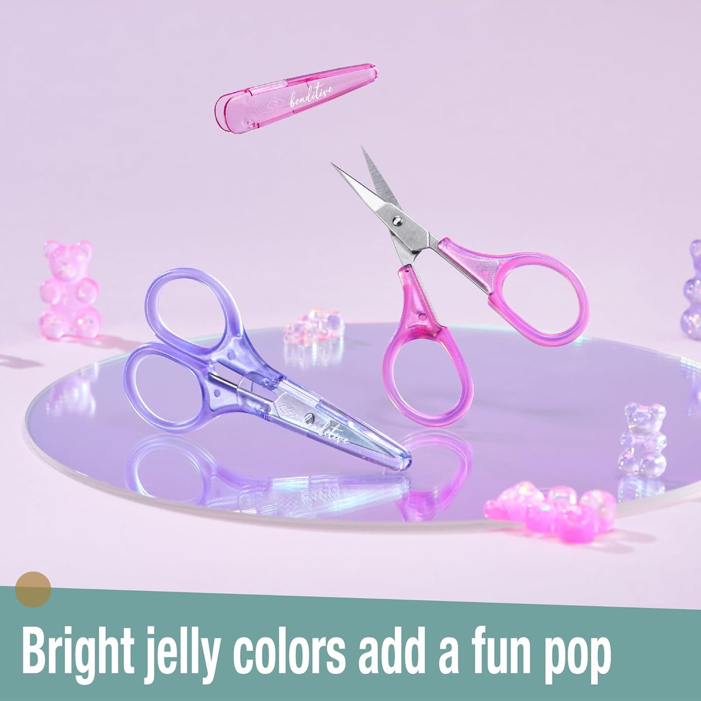 Beaditive Mini Craft Scissors Set (2-pc) - Portable 3.25" Small Detail Scissors with Fine Tip for Embroidery, Knitting & Paper Cutting - Ultra-Sharp with Protective Cap (Jelly Colors)