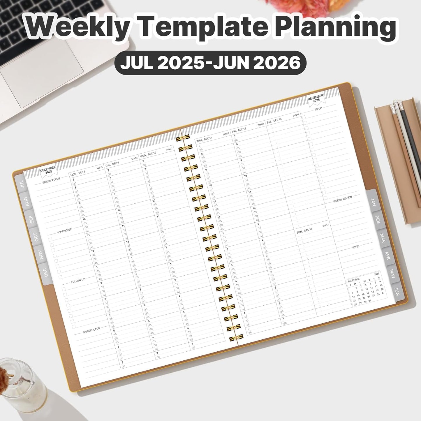 GETINK Appointment Book 2025-2026 Weekly Daily Hourly Planner 8.5"x11" Spiral Bound, Jul. 2025 - Jun. 2026, Laredule Appointment Planner 2025 with 15-Minute Increments, Flexible Cover, Gold
