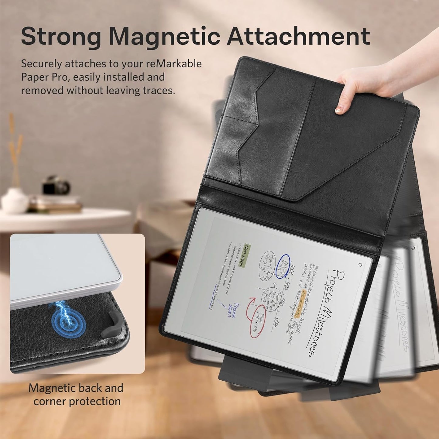 CoBak Premium PU Leather Case for Remarkable Paper Pro 11.8" (2024) – Slim Magnetic Back Cover with Auto Sleep/Wake, Folder Design, Magnetic Pen Holder Strap, Black Leather