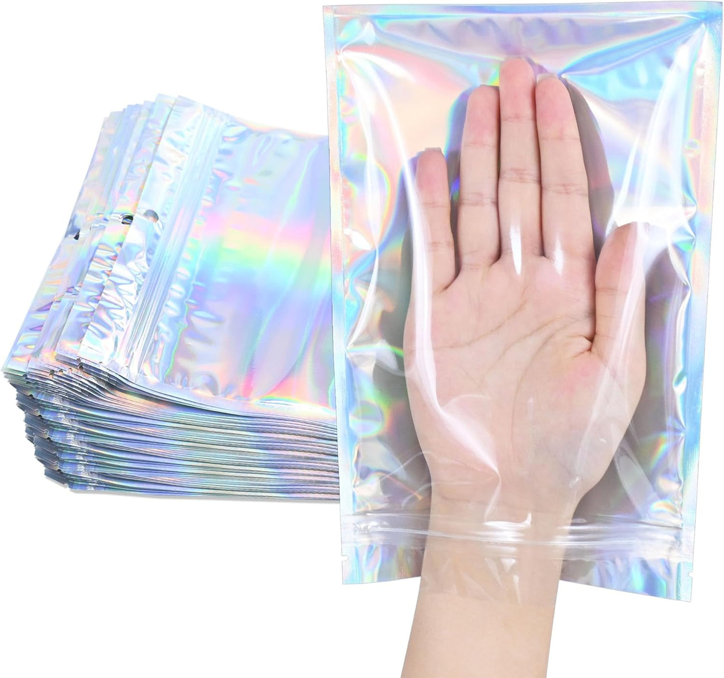 100 Pack Holographic Resealable Plastic Bags for Food Storage, Zipper Bags with Clear Front Window, Packaging Pouch for Small Business (100 Pack, 5.6x8 inch)