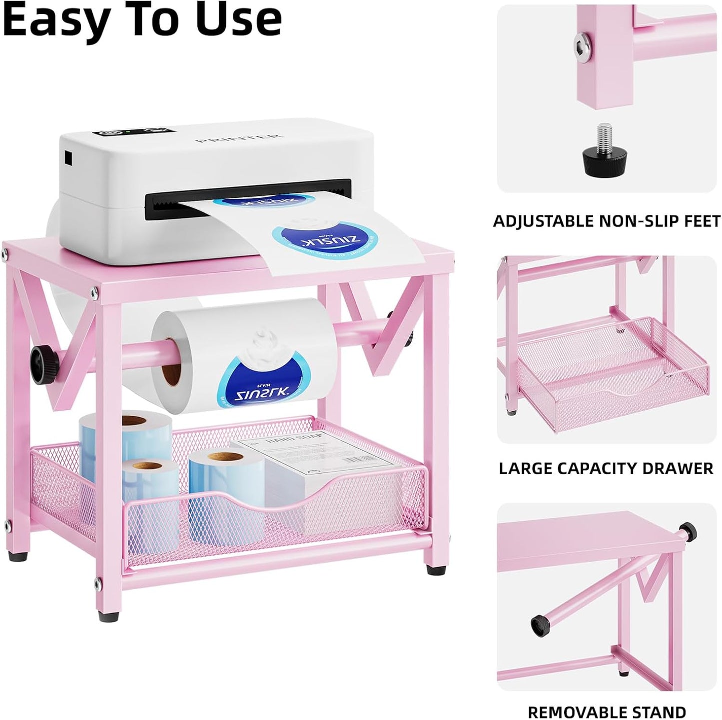 Marbrasse Label Holder for Rolls and Fanfold Labels, Metal Thermal Label Printer Holder with Drawer, Shipping Label Stand,Sticker Roll Holder for Home, Office, Small Business,Pink