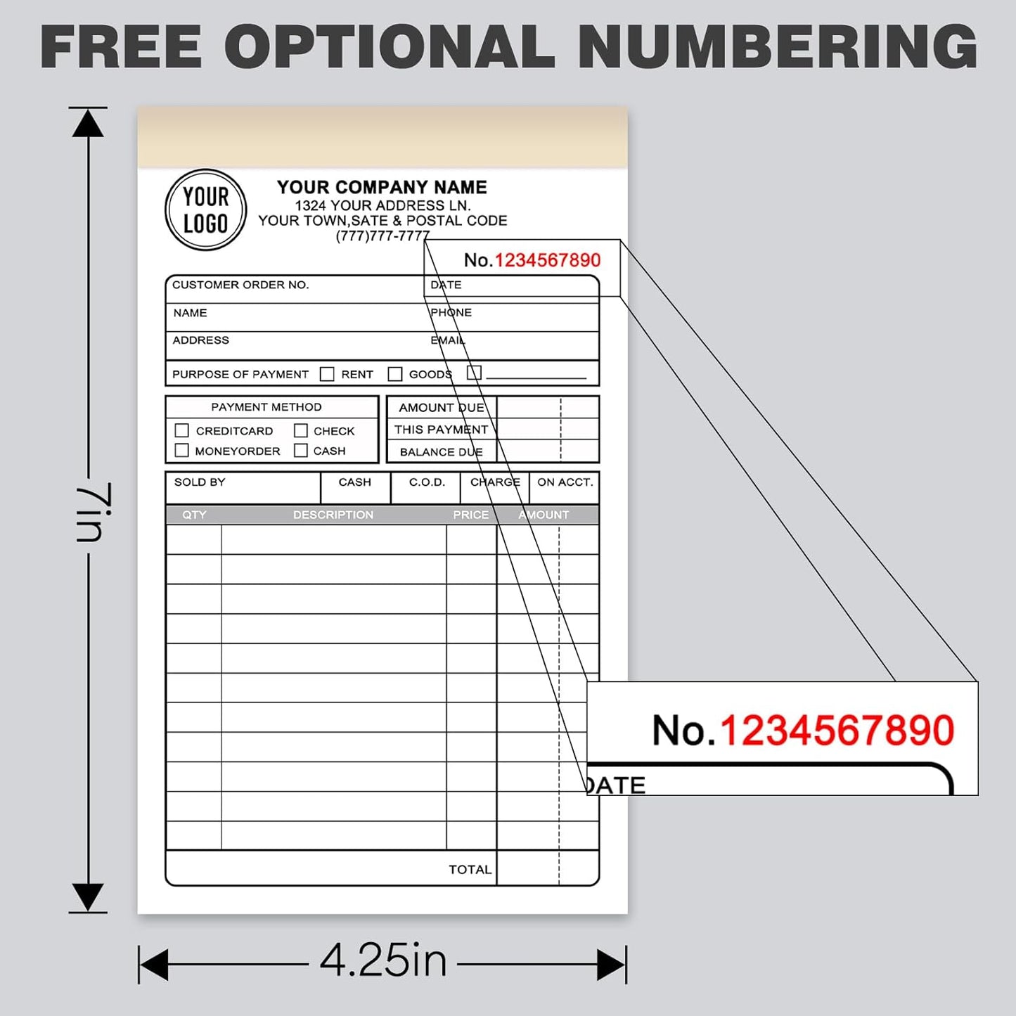 Custom Invoices Receipt Book for Small Business Personalized 2-Part Duplicate Carbonless Logo Receipt Books Sales Payment Forms with Company Name Address Phone Number 100 Sets 4.25" x 7"