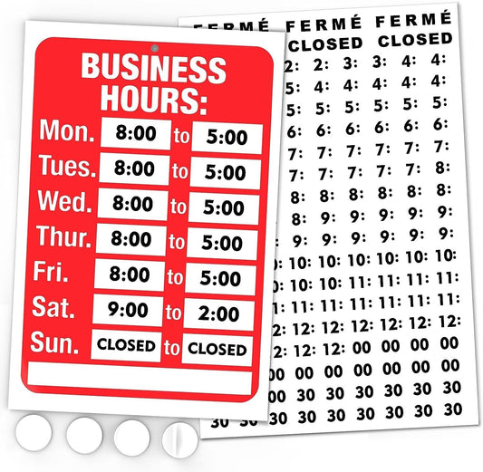Open Signs, Business Hours Sign Kit for Glass Door or Window - Bright Red and White Colors - 7.7 x 11.7 Inch - Includes 4 Adhesive Pads and Number Sticker Set - Ideal Hours Of Operation Signs for Business, Store or Office