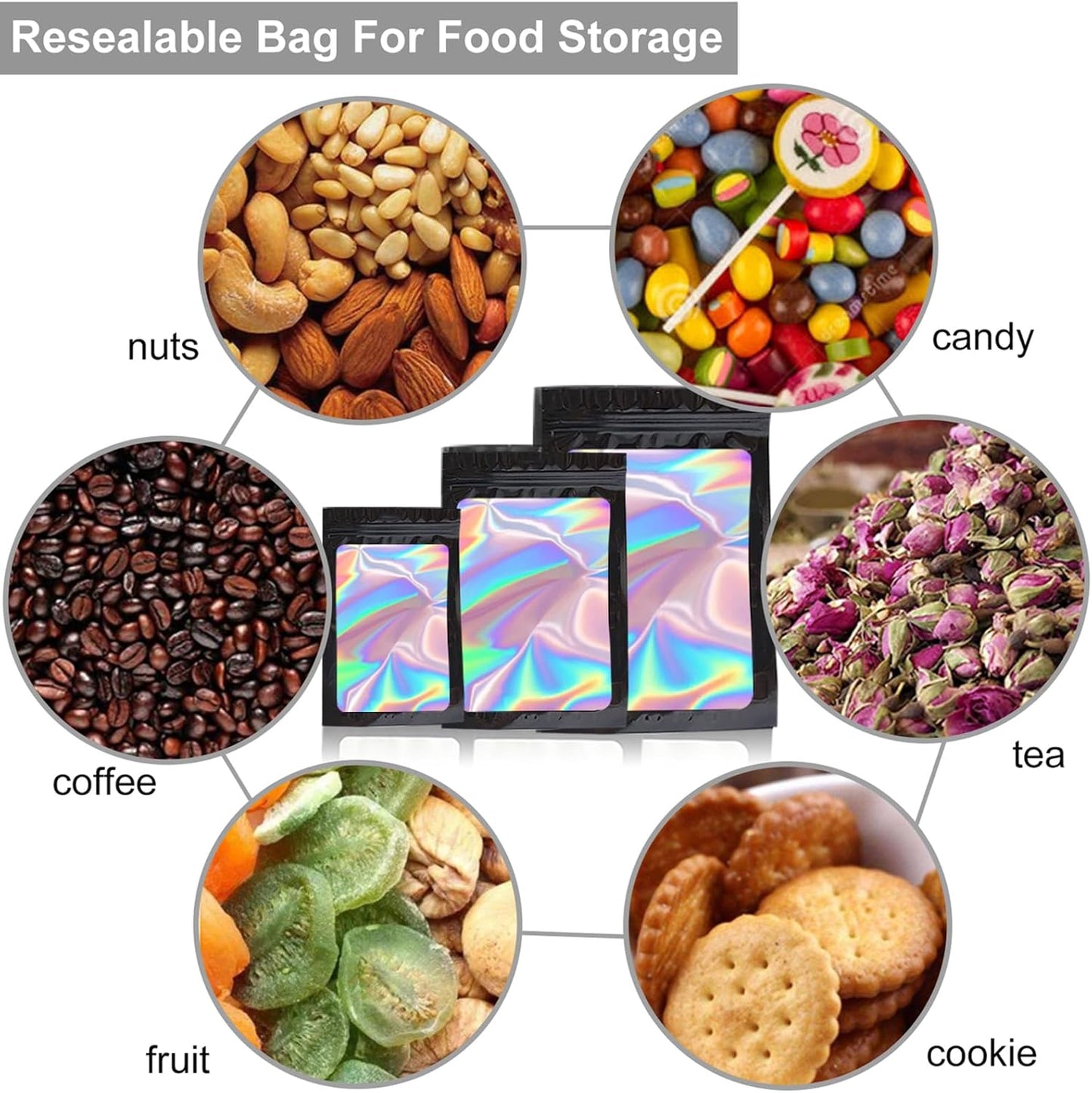 300 Pack 3 Sizes Resealable Mylar Holographic Bags Food Storage Smell Proof Bags with Front Window Packaging Pouch for Sample Snack Cookies Jewelry (Black, 3 x 4.7 inch,4 x 6 inch,4.7 x 7.9 inch)