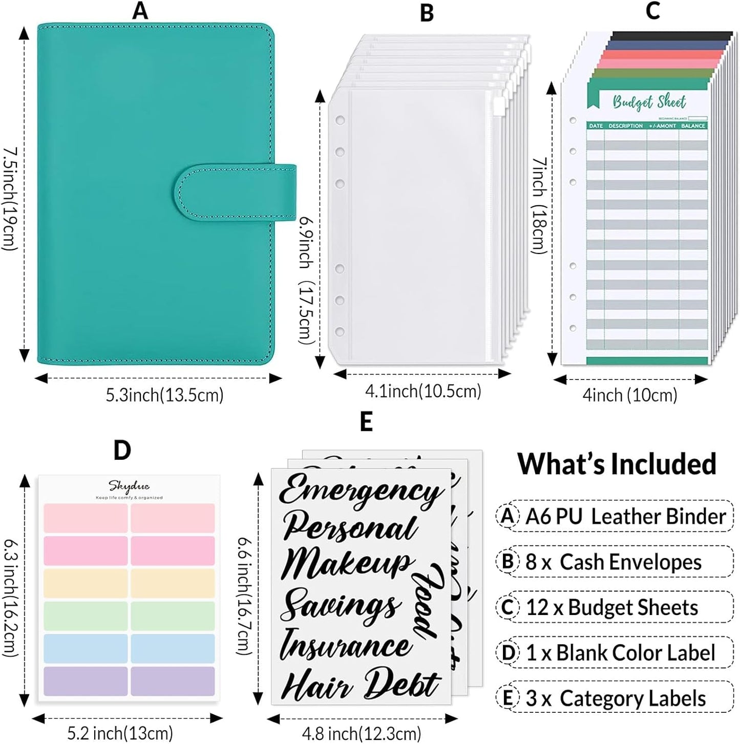 SKYDUE Budget Binder, Money Saving Binder with Zipper Envelopes, Cash Envelopes and Expense Budget Sheets for Budgeting (Turquoise)
