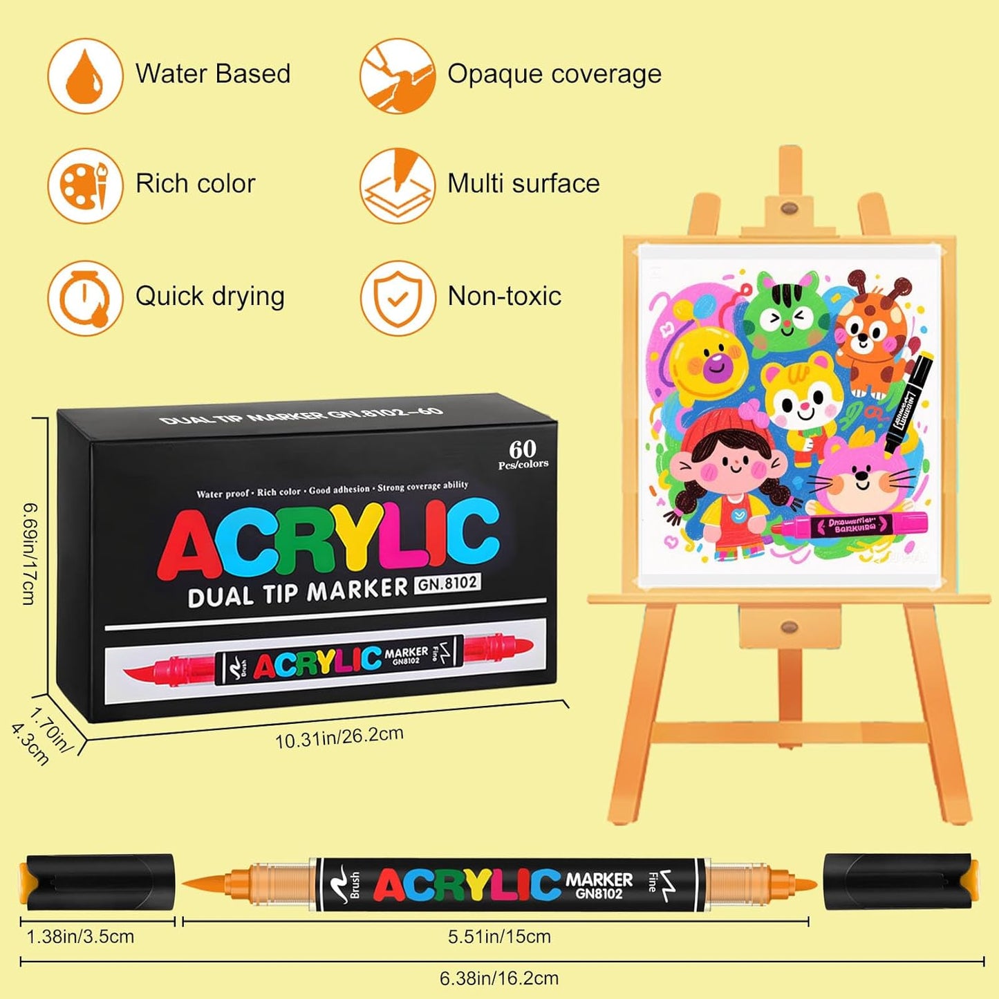 60 Colors Dual Tip Acrylic Paint Pens, 0.5-5MM Brush Tip & 1 MM Fine Tip Acrylic Paint Markers for Stone, Glass, Canvas, Rocks, Wood & More – Vibrant paint Markers and PAINT PENS for Crafting & DIY