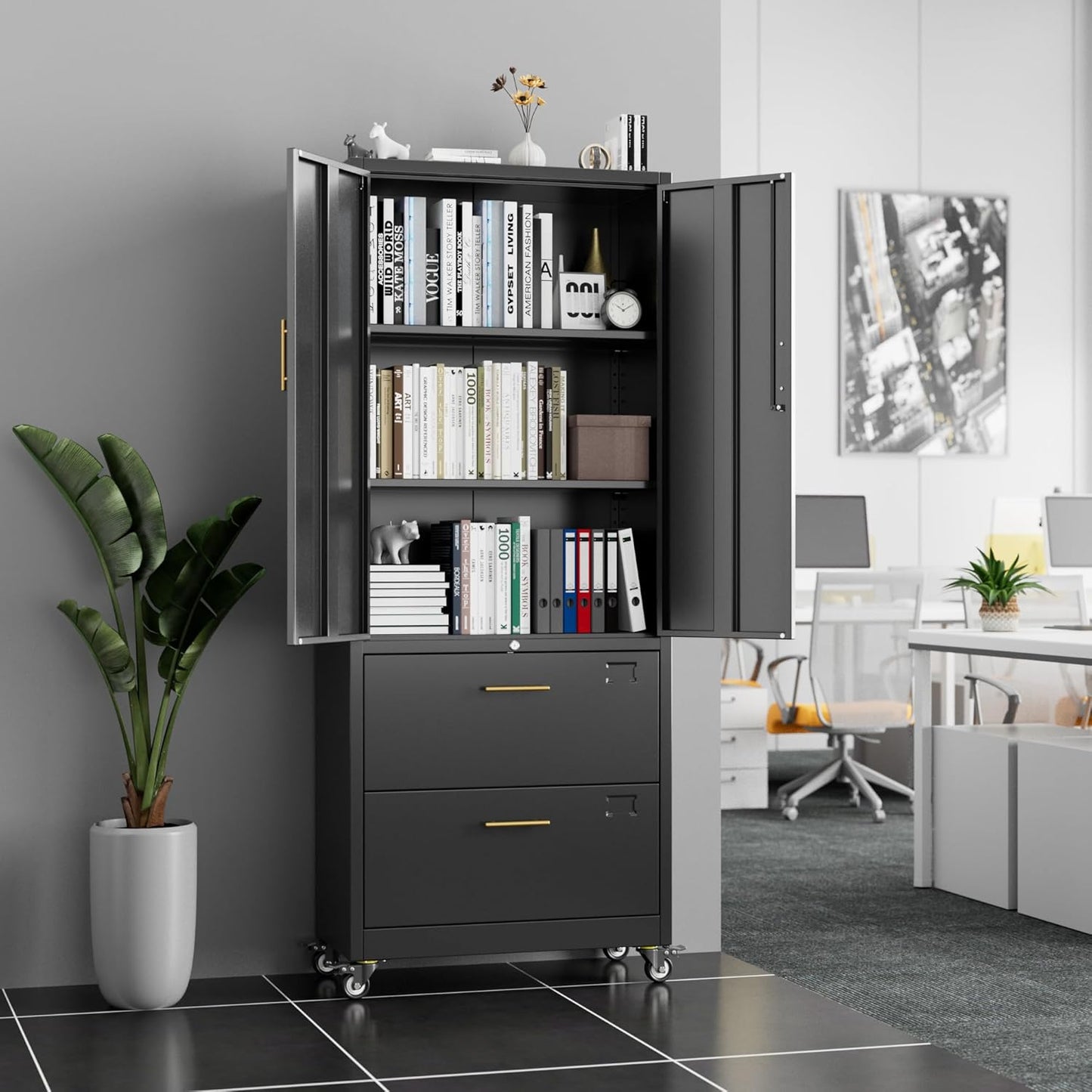 Aobabo Metal 2 Drawers Lateral File Storage Cabinet and Unit Adjustable Shelf Organizer, 2 Door Storage Office Steel Files Cabinet with Wheels, Legal/Letter A4 Size, Assembly Required, Black