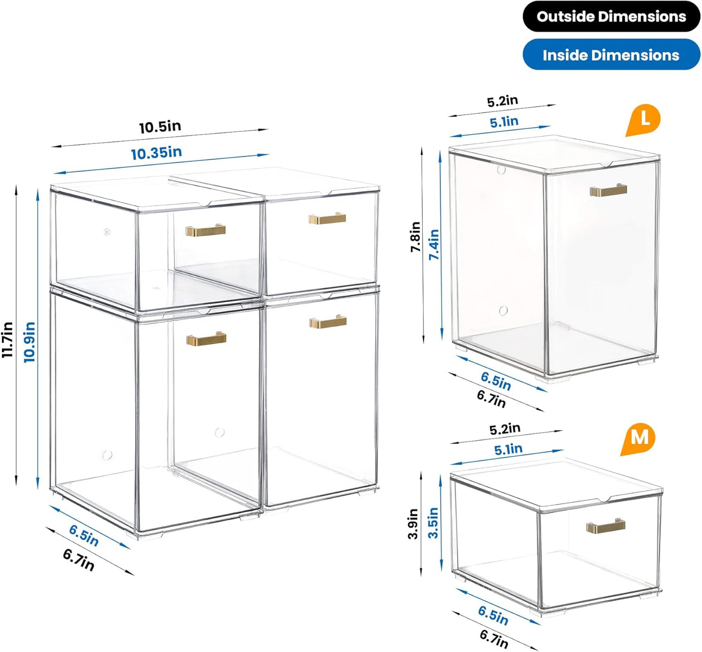 4 Pack Stackable Clear Acrylic Storage Drawers with Golden Handles, Plastic Drawer Organizers for Makeup, Kitchen, Bathroom, Office, Under Sink & Cabinet Organization(6.7"D x 10.6"W x 12"H)