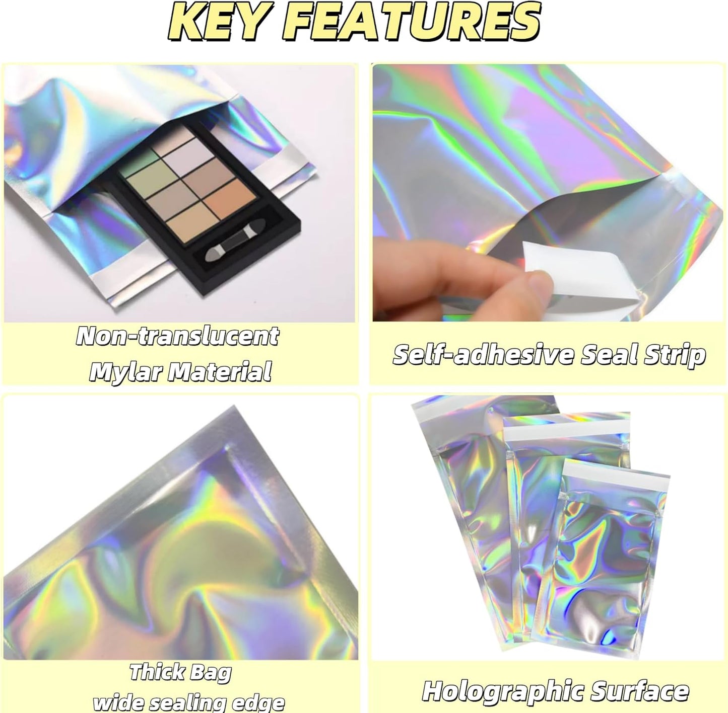 PABCK 100 Pack 4.5×6.5+1.57 inch Holographic Metallic Poly Mailers Self Sealing Packaging Foil Glitter Bags Shipping Envelopes Mailing Storage Pouches for Shipping Packaging