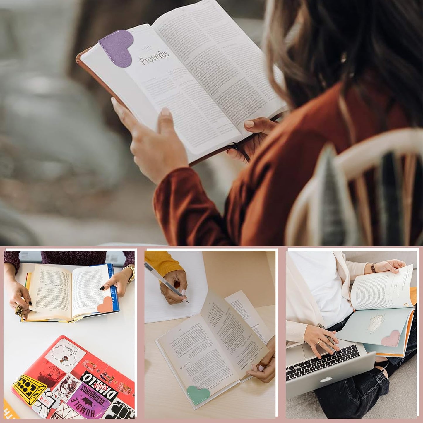 Leather Heart Bookmarks - Winjeto 6 Pieces Cute Corner Page Book Marks for Teachers Students Book Reading Lovers, for School Office Home Supplies (Love（6pcs）)