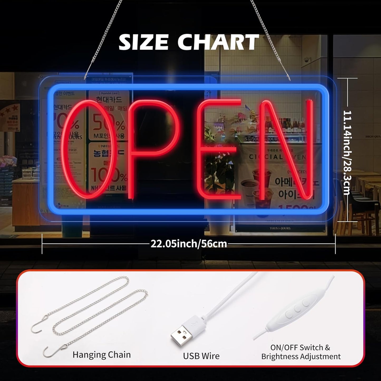 KEBE 22" X 11" Led Neon Open Signs for Business, Ultra Bright Open Lights Board with ON/OFF Switch, High Visibility Energy Efficient Business Sign for Storefronts Windows Bars Hotels