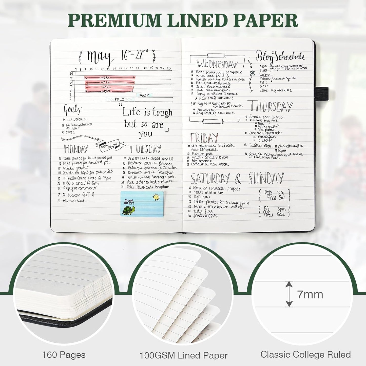 Lined Journal Notebook, 3 Pack A5 College Ruled Notebooks for Work, Hardcover Notebook Each with 2 Pockets & Pen, Leather Journal for Women, Men, 160 Pages, 100GSM Thick Paper ( Green 5.7" x 8.3" )