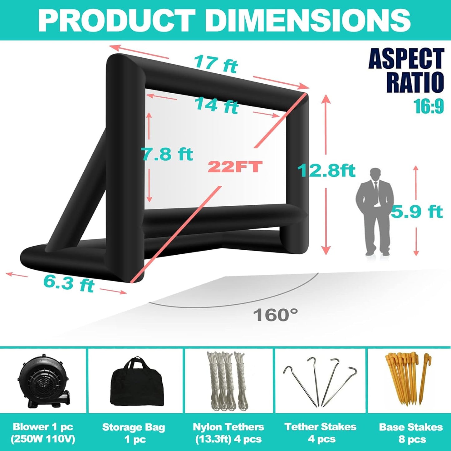 22 Feet Inflatable Projector Screen - Outdoor and Indoor Theater Movie Screens,Includes Rope, Blower,Tent Stakes - Great for Party Backyard Pool Watch Movies