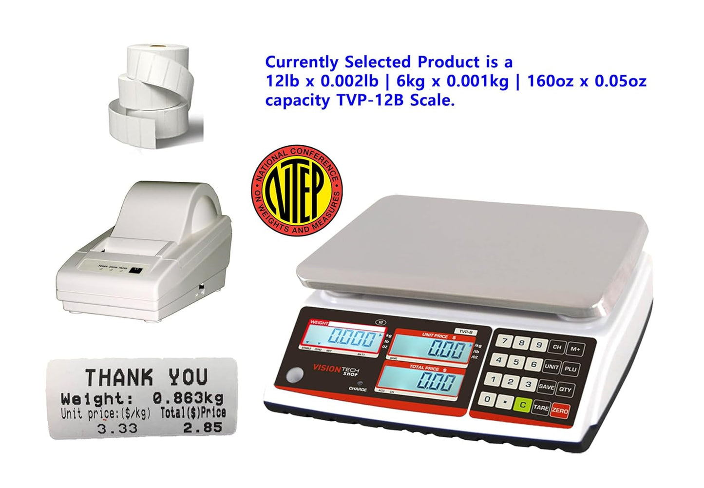 VisionTechShop TVP-12B Price Computing Scale, Lb/Oz/Kg Switchable, 12lb Capacity, 0.002lb Readability, NTEP Legal for Trade, NSF Certified, LP-50 Thermal Label Printer, 1 Case of Labels LST8060