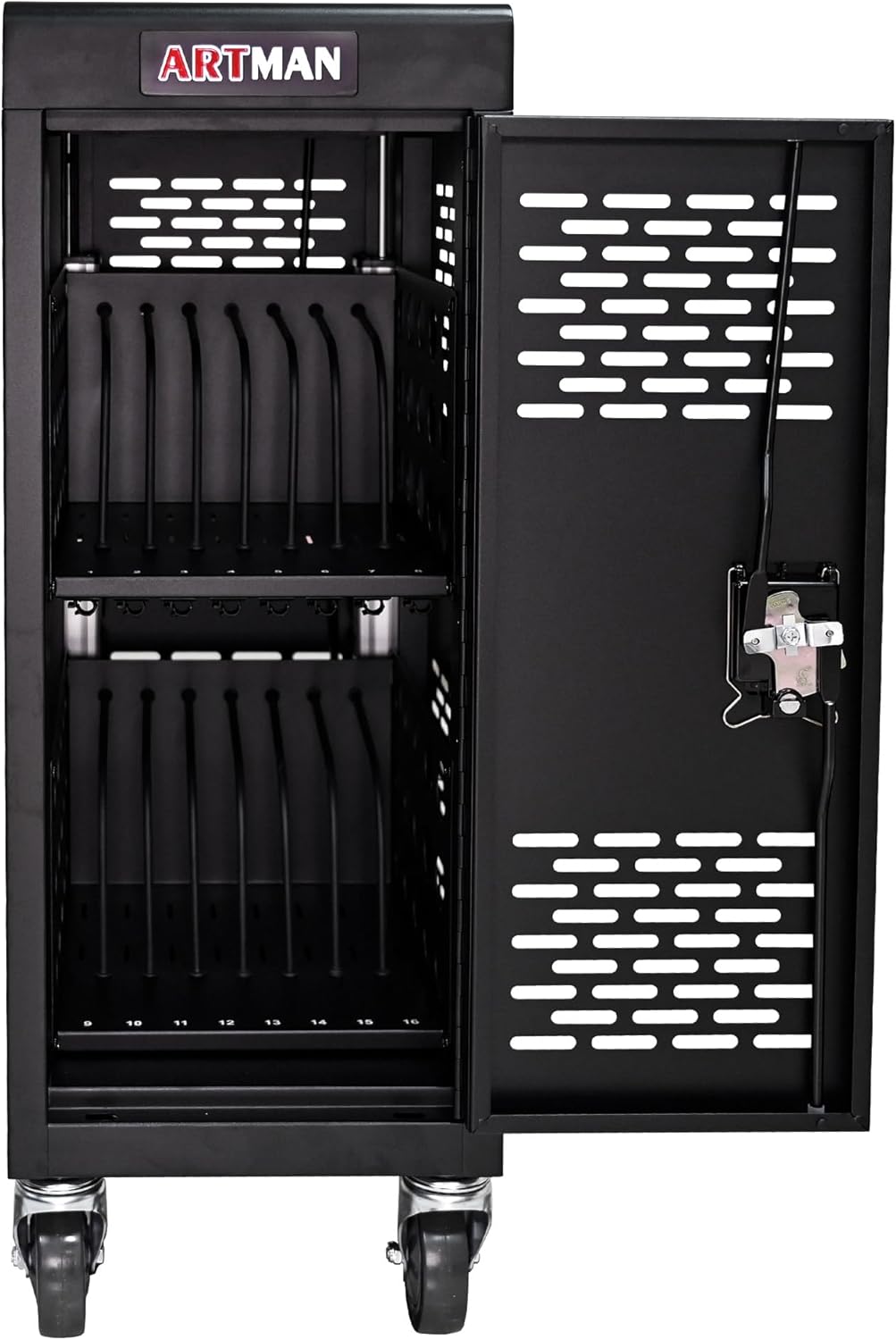 16-Device Mobile Charging Cart with Charging Power Strip and Front and Rear Access Locks, Cable Management, Up to 14", Safe Charging Cabinet for Chromebooks, Tablets, Laptops Black