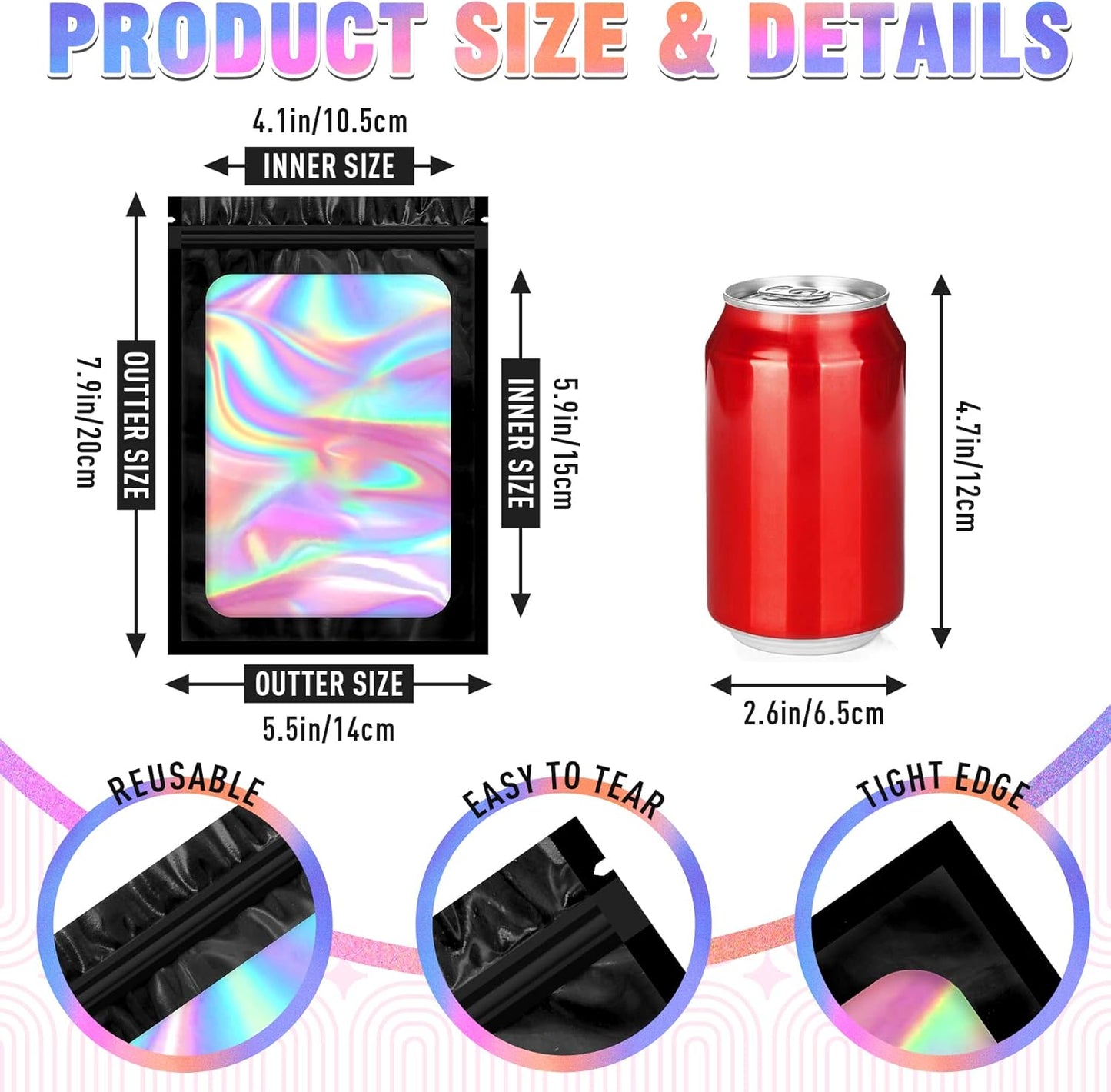 Mylar Bags, 100 PCS Packaging Bags, Small Bag Smell Proof Bag with Clear Window Black (5.5x7.9 Inch)