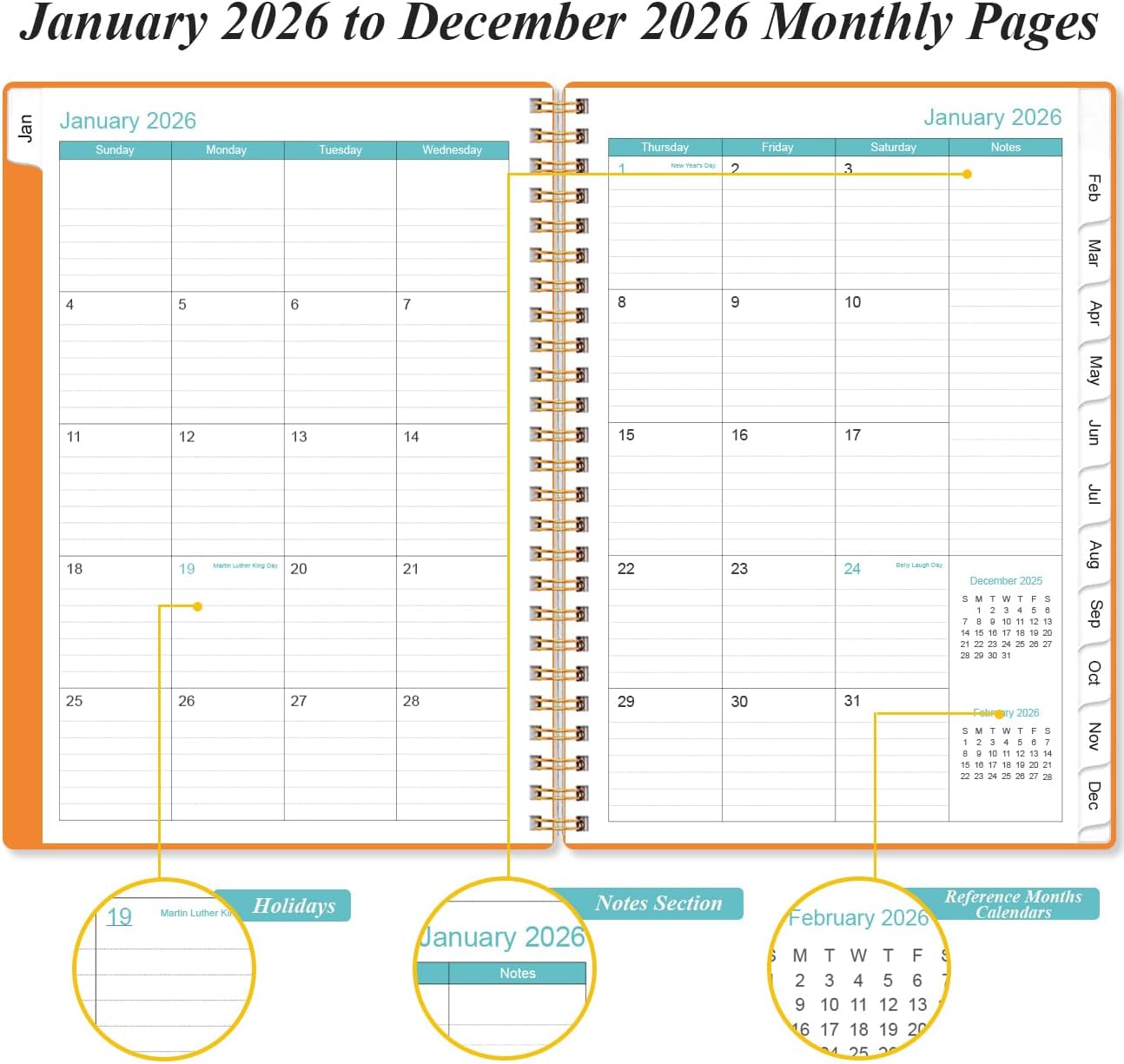2026 Planner - Planner 2026 from January 2026 - December 2026, Weekly & Monthly Planner Spiral Bound with 12 Monthly Tabs, Inner Pocket, 6.4" x 8.5", Orange-A