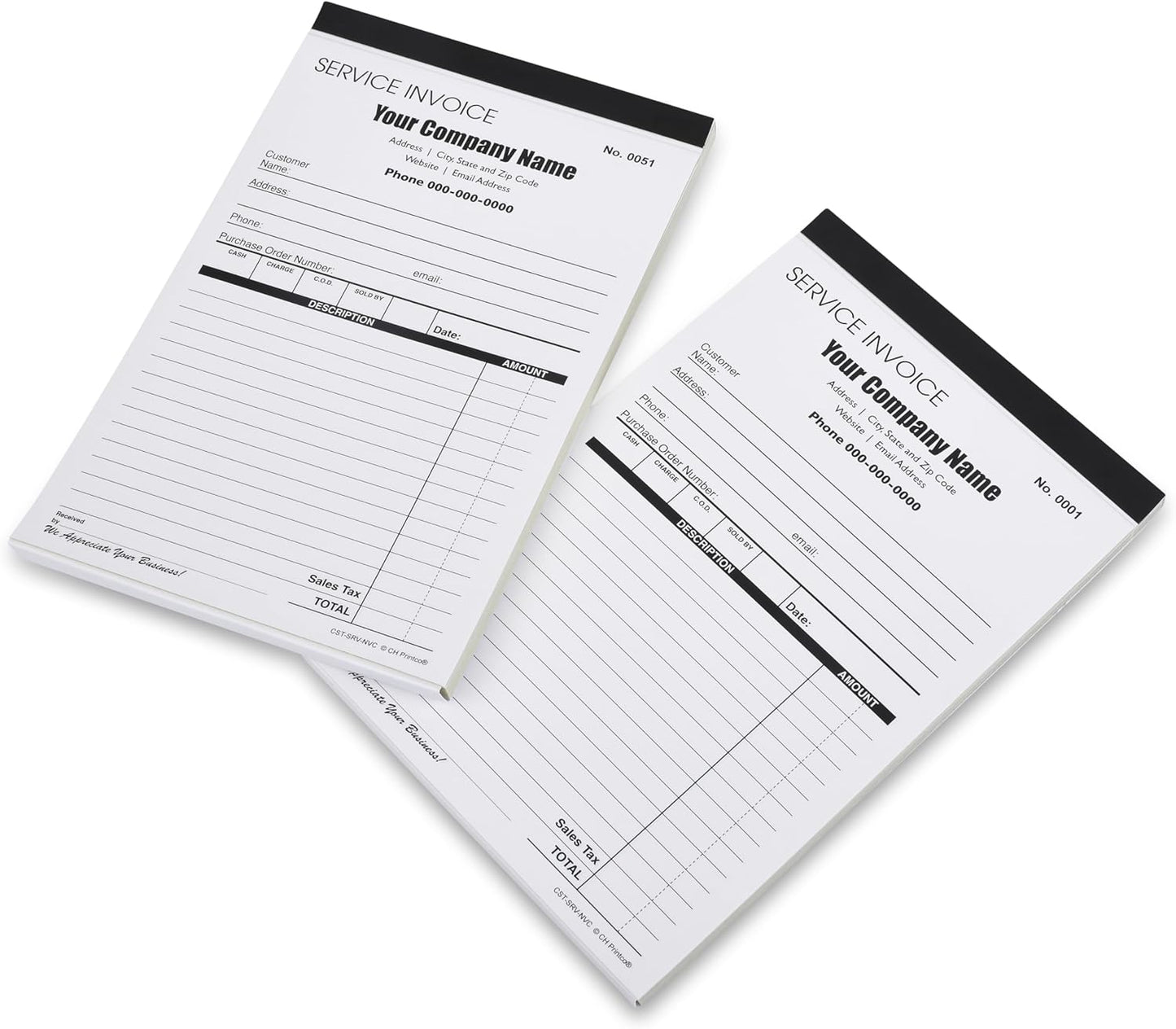 Custom Service Invoice Carbonless Form with Your Company Name - 2 Books (100 Sets) Numbered