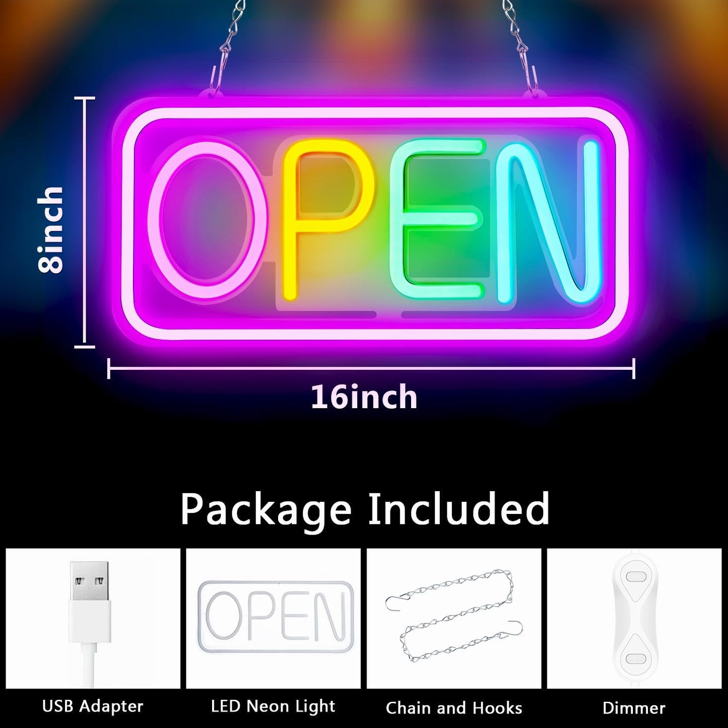 Open Sign LED for Business, 16×8 inch Bright Neon Open Sign, Color Changing & Scrolling and Flashing Modes, Powered by USB with ON/OFF Switch for Bar Restaurant Storefront Window Decor
