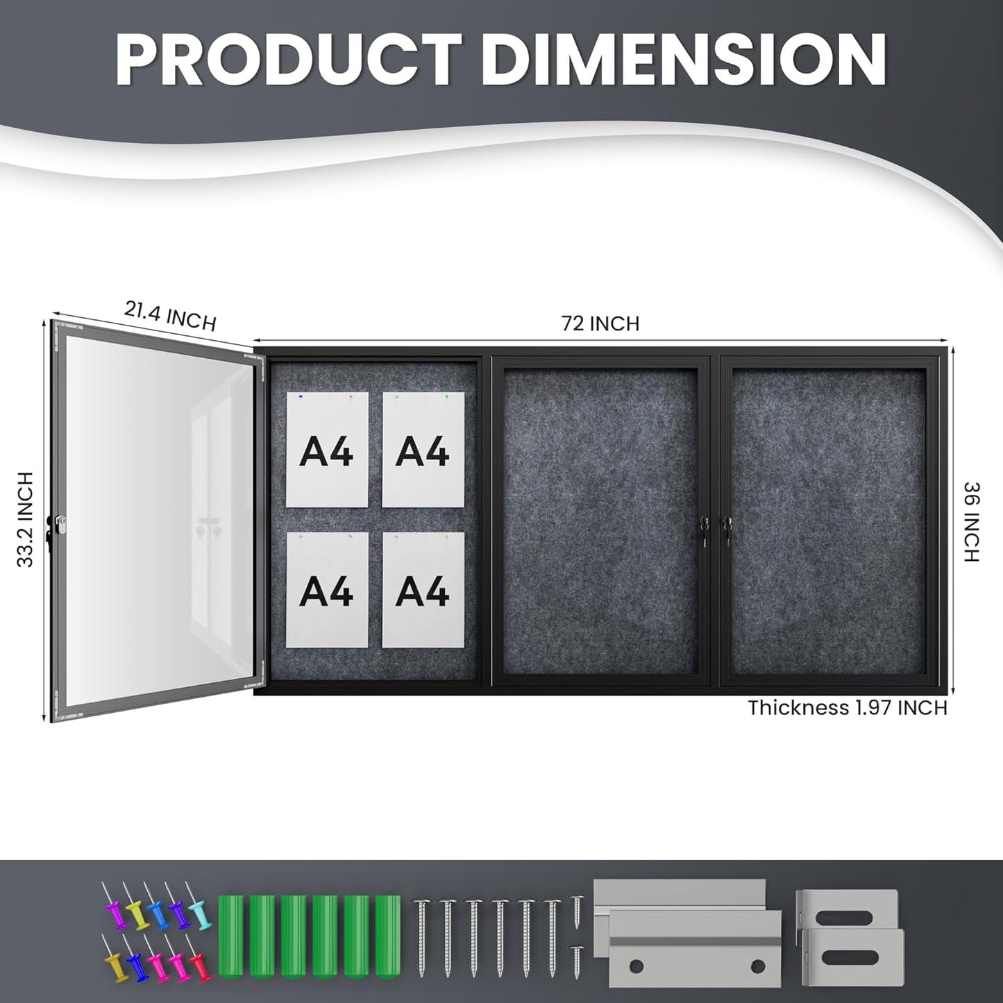 72"x36" Lockable Enclosed Bulletin Board, Outdoor Flet Weather-Resistant Aluminum Frame Notice Board, Wall Mounted Display Case Acrylic Doors for School,Office,Black Frame w/Grey Flet