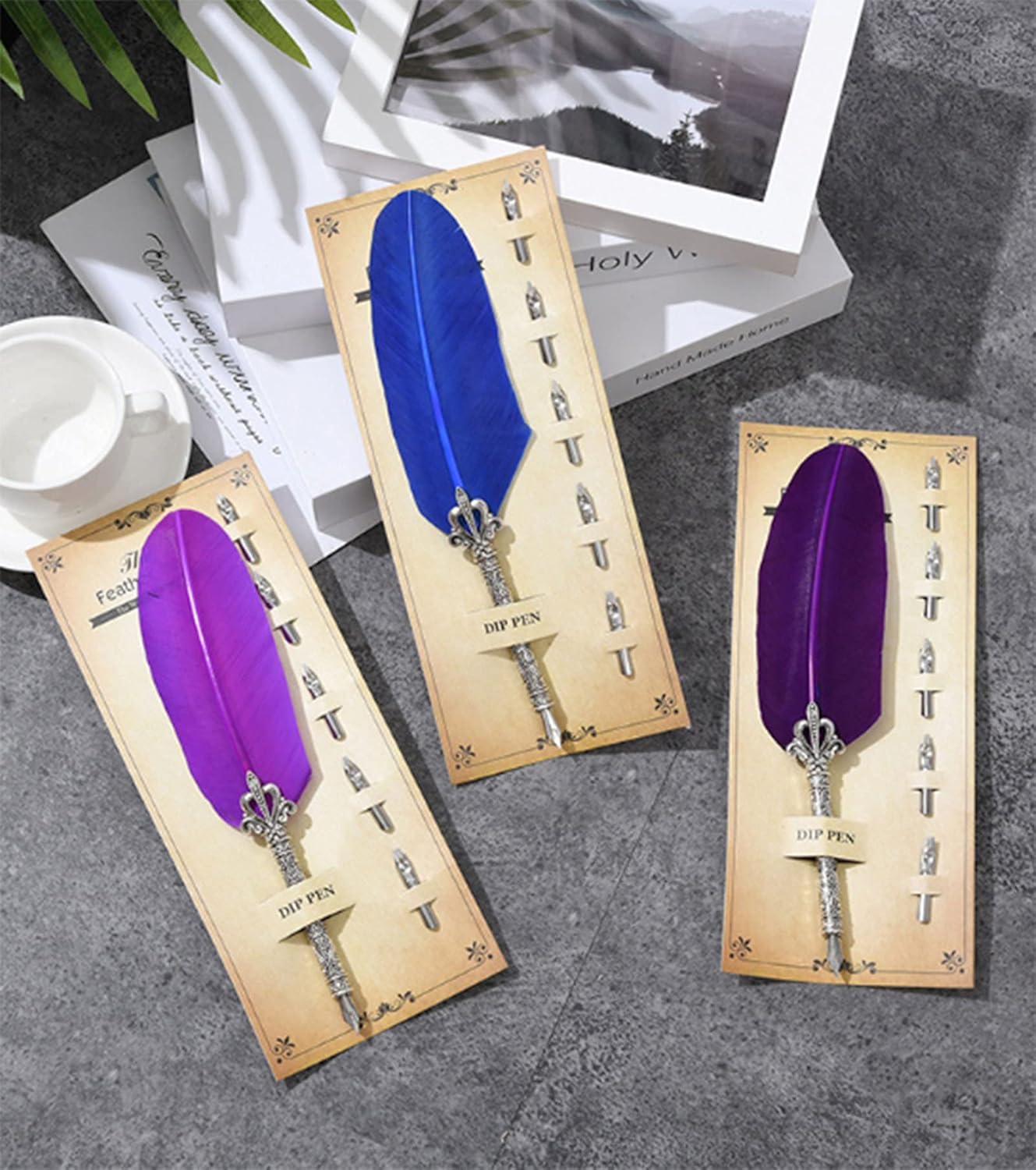 Gullor Feather Quill Pen and 5 Calligraphy Nibs for Beginners Kids Calligraphy Writing Quill Dip Pen Set, LightPurple