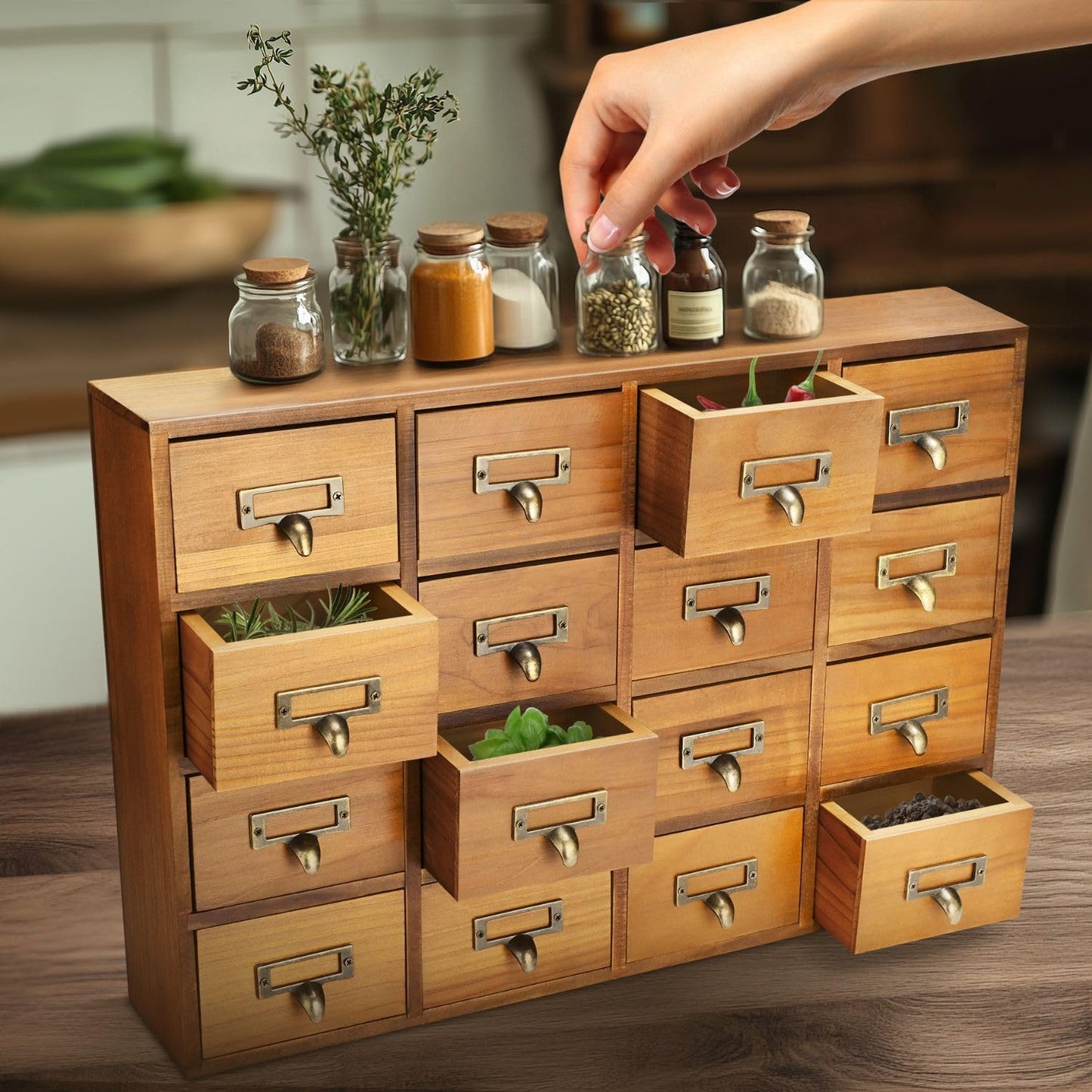 Flexzion Apothecary Cabinet with Drawers - 16 Vintage Apothecary Drawers Desktop Organizer for Home & Office - Wooden Tabletop Library Card Catalog Cabinet Storage for Jewelry, Makeup & Tools, Brown