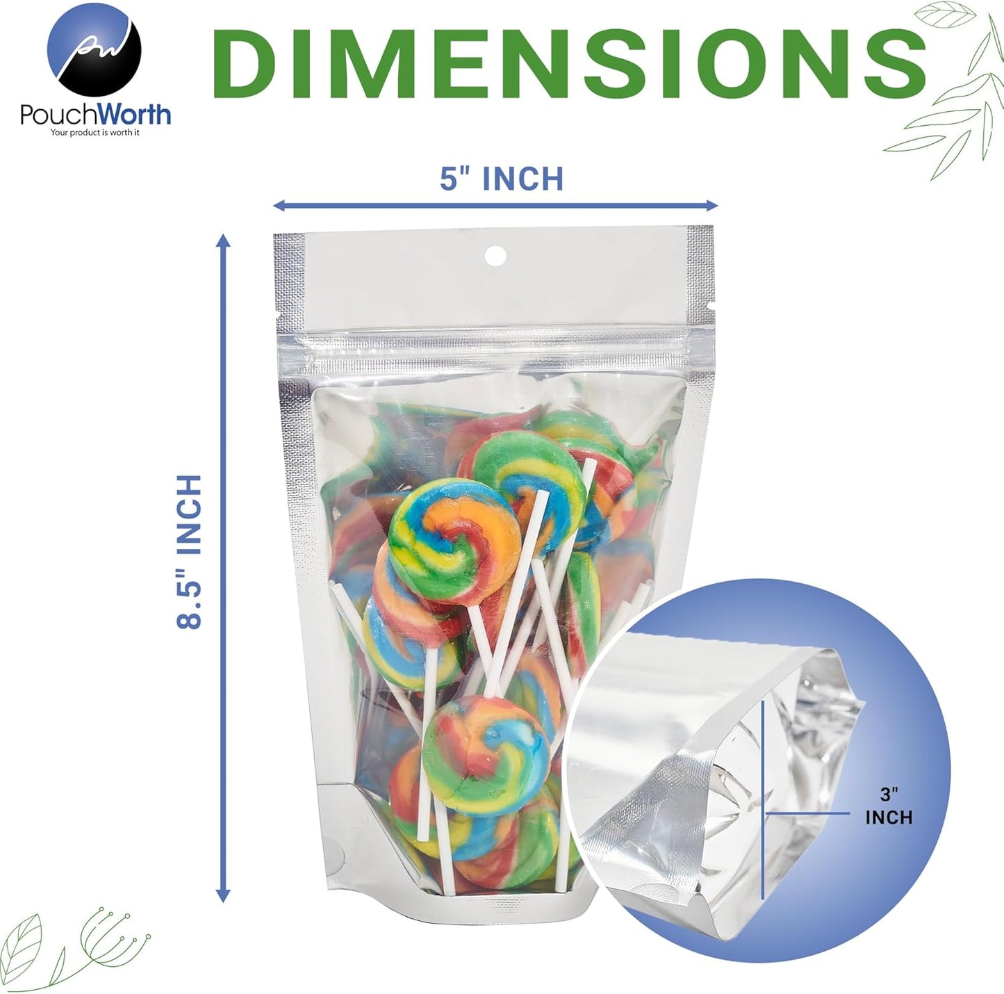 100 Pieces 5" x 8.5" Clear/Silver Resealable Stand Up Pouch Bags Mylar Food Packaging with Clear Window and Tear Notches