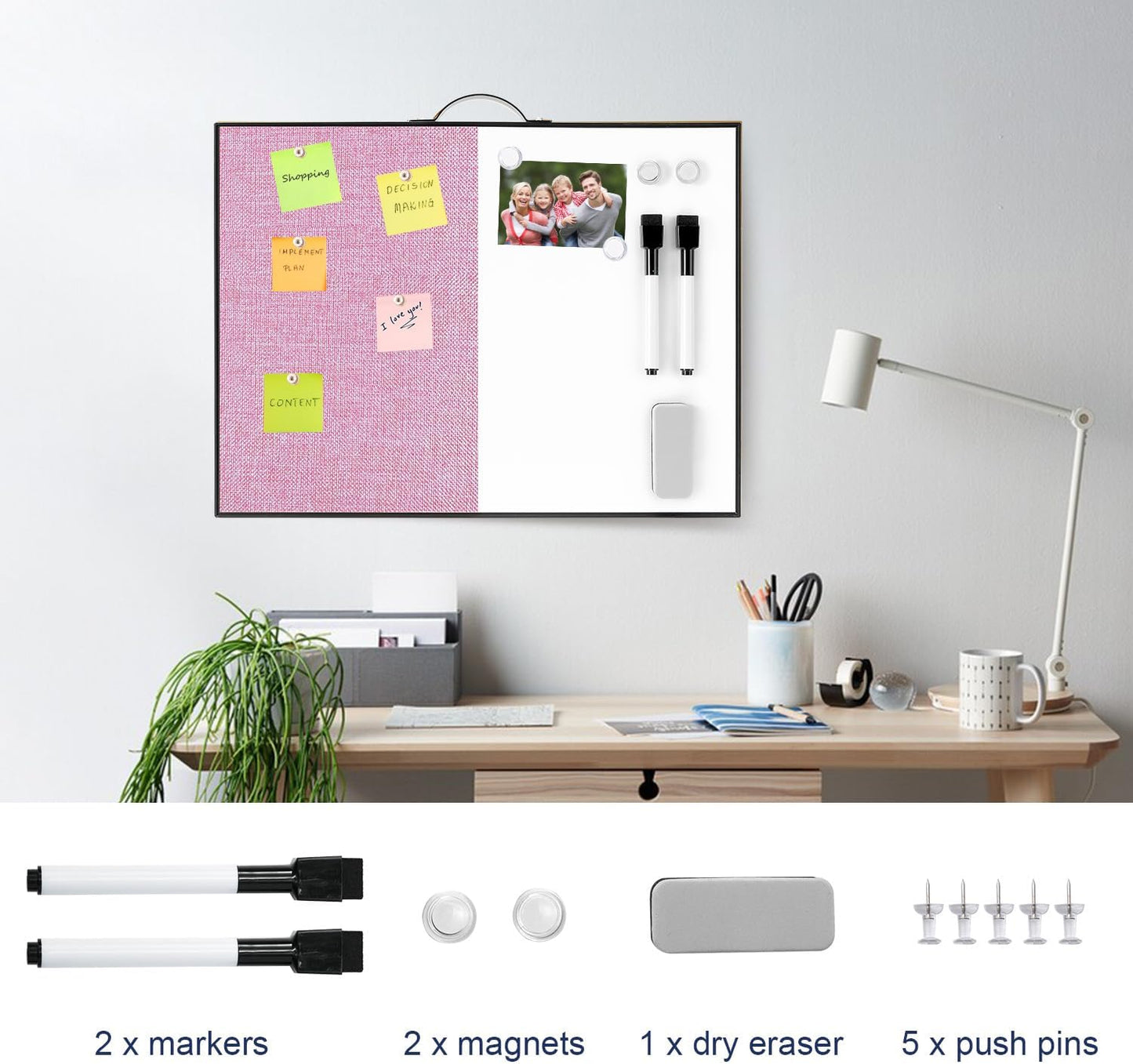 Small White Board Cork-Board Combo - 16 X 12 inches Pink Linen Board & Magnetic Dry Erase Board for Wall, Mini Bulletin Cork Board with Holder for Office, Home and School