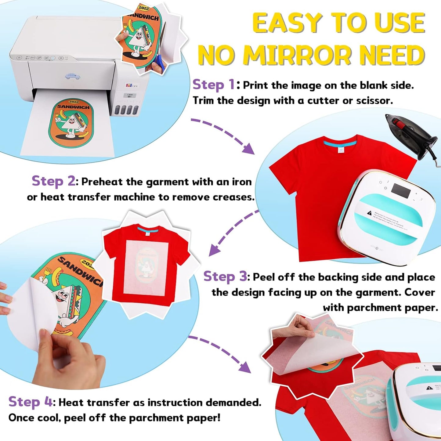 HTVRONT Heat Transfer Paper for Dark T Shirts -100 Pack 8.5x11" Iron on Transfer Paper for Inkjet Printer, Easy to Use Printable Heat Transfer Vinyl, Vibrant Color, Durable & Soft