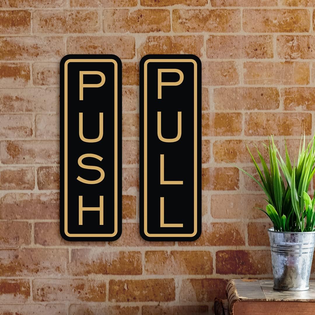 All Quality Classic Vertical Push Pull Door Signs - Great for Glass Doors | Professional Looking Signs | Easy Installation Includes Double-Sided Foam Adhesive Tape (Dark Brown) - Small (5 Pack)