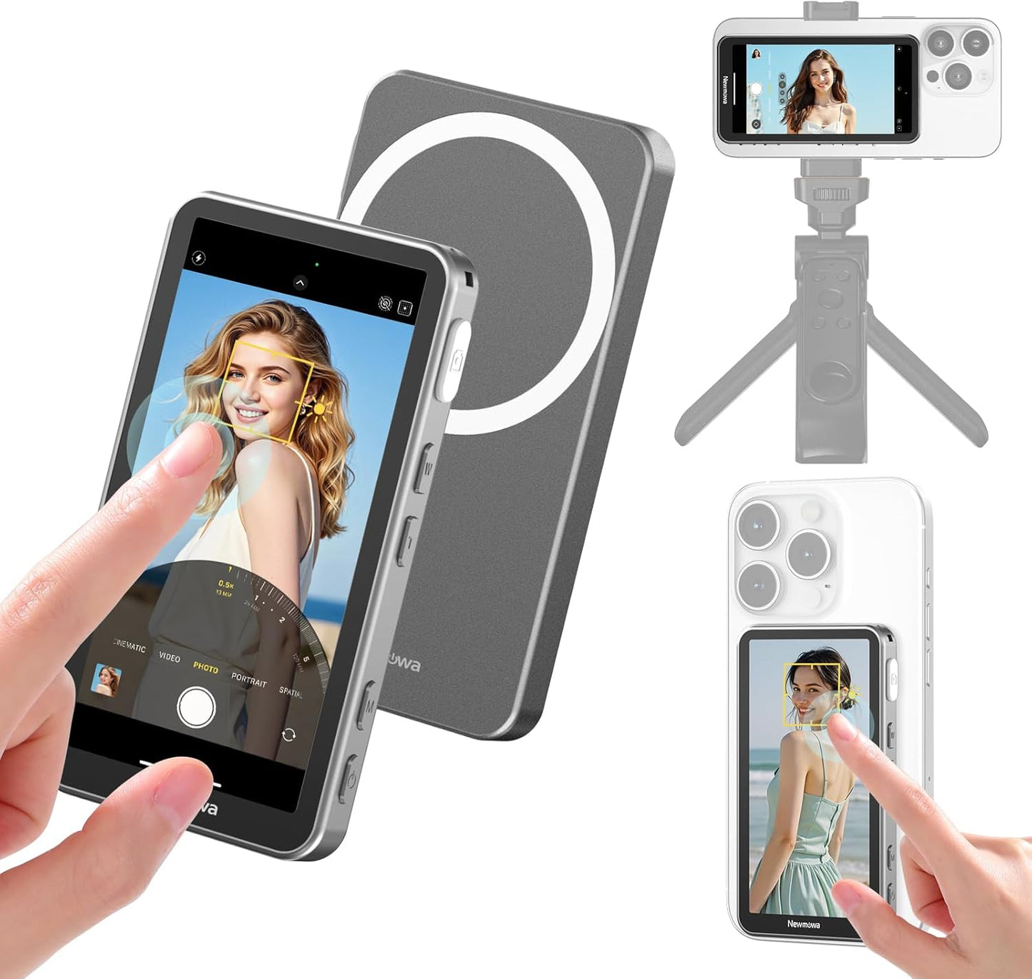 Newmowa Touchscreen Phone Vlog Selfie Monitor Screen, Magnetic Wireless Back Camera Selfie Monitor with Focus Adjustment ONLY for iPhone, Support 4K 30fps Wireless Recording for iPhone 15/16(Grey)