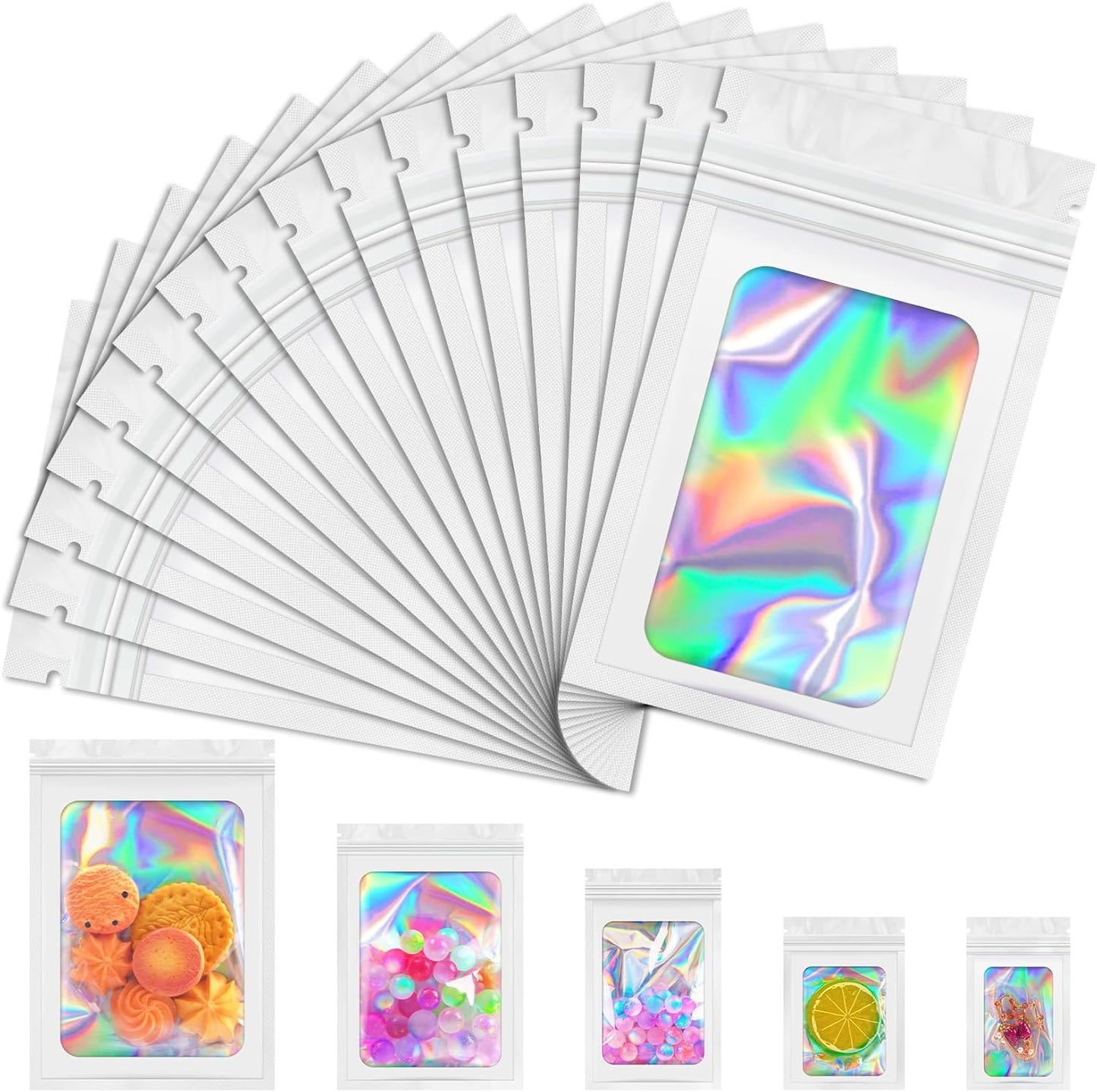 Mylar Bags, 100 PCS Holographic Bags, White Smell Proof Bag with Front Window, Small Business Packaging Supplies, Resealable Bag for Food Storage, Bracelets, Jewelry, Sample （4x6in）