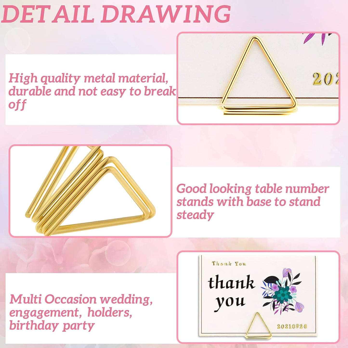 Eersida 60 Pieces Table Number Holder Place Samll Triangle Shape Name Numbers Table Photo Picture Holder Stand Clip for Wedding Baby Shower Party, Suitable for Small Card(Gold)