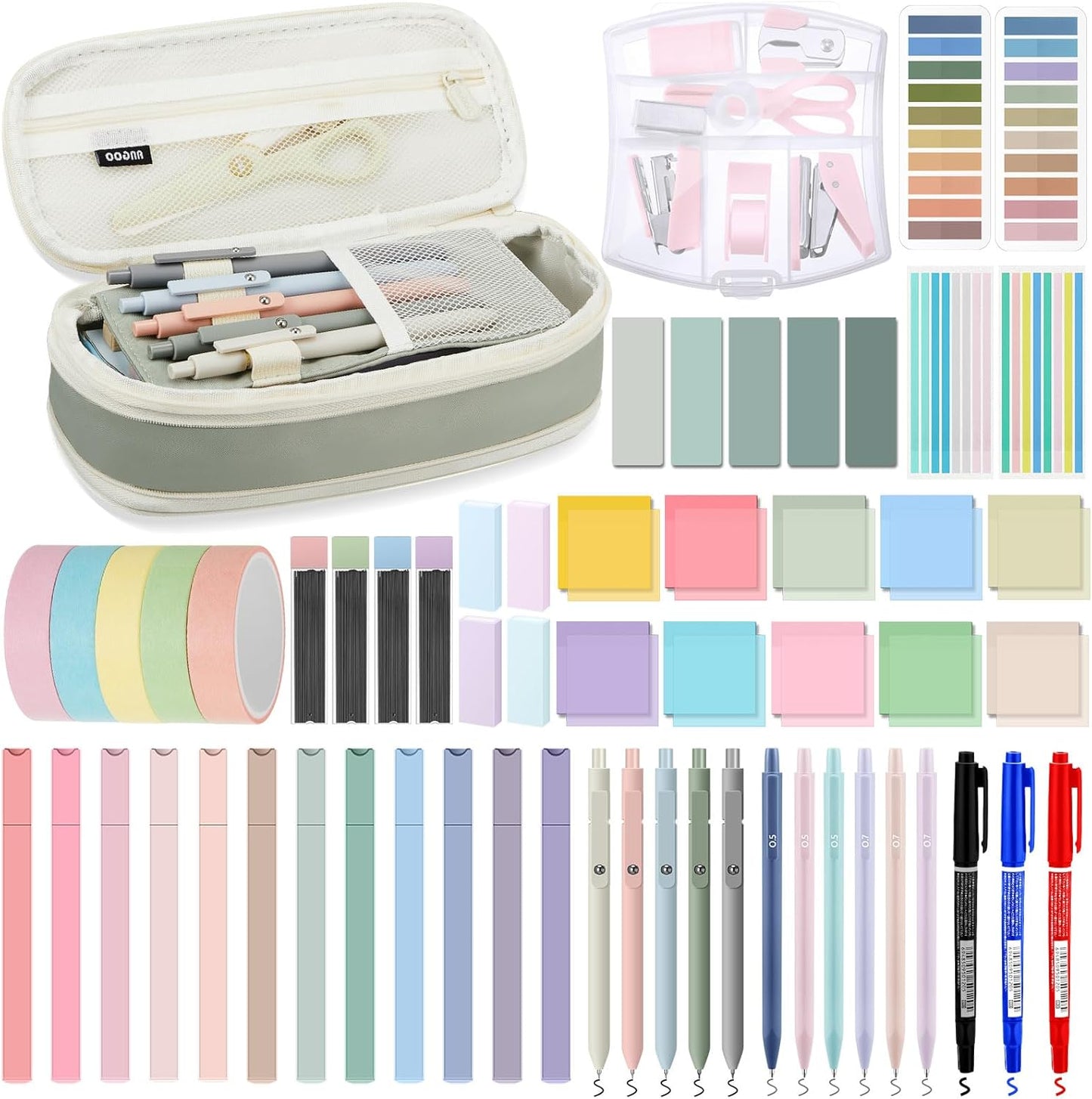 60 Pcs Aesthetic Book Annotation Kit School Supplies Cute Pencil Case with Highlighter Gel Pen Mechanical Pencil Magnetic Bookmarks Transparent Sticky Note Tabs Student Stationary(Light Green)