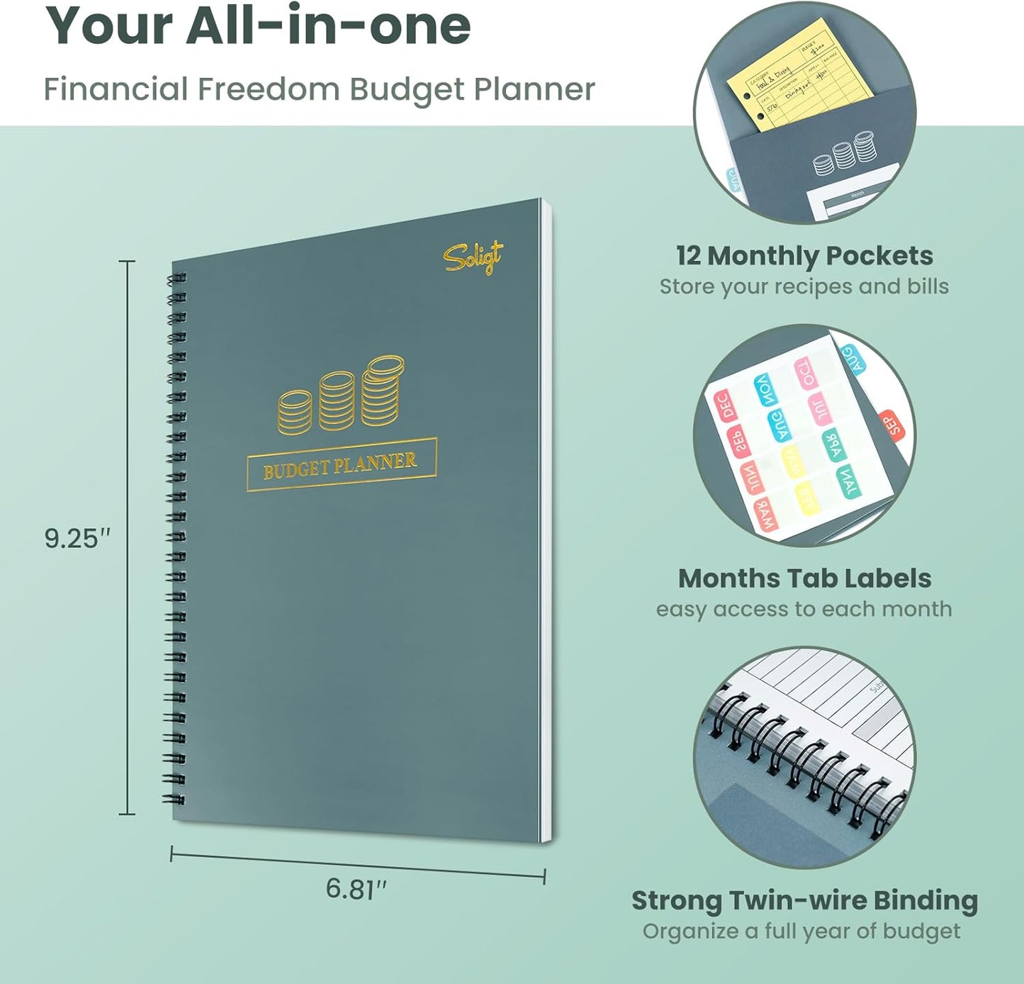 Monthly Budget Planner Book 2025 (Undated) with 12 Pockets for Income, Debt, Saving, Expense and Bill Tracker Organizer, Financial Planner for Men and Women, Dark Green, Spiral Design