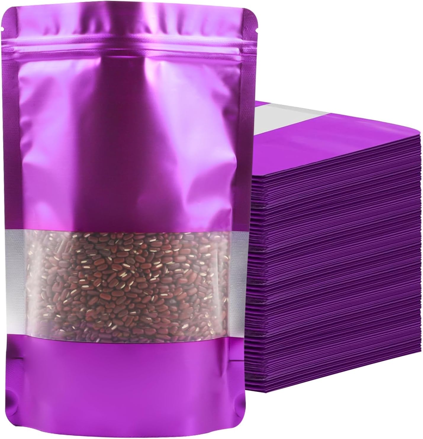 100 Pack Smell Proof Bags, Resealable Purple Mylar Bags with Matte Window, Foil Pouch Stand Up Sealable Bags for Packaging, 4.72 × 7.87 Inch