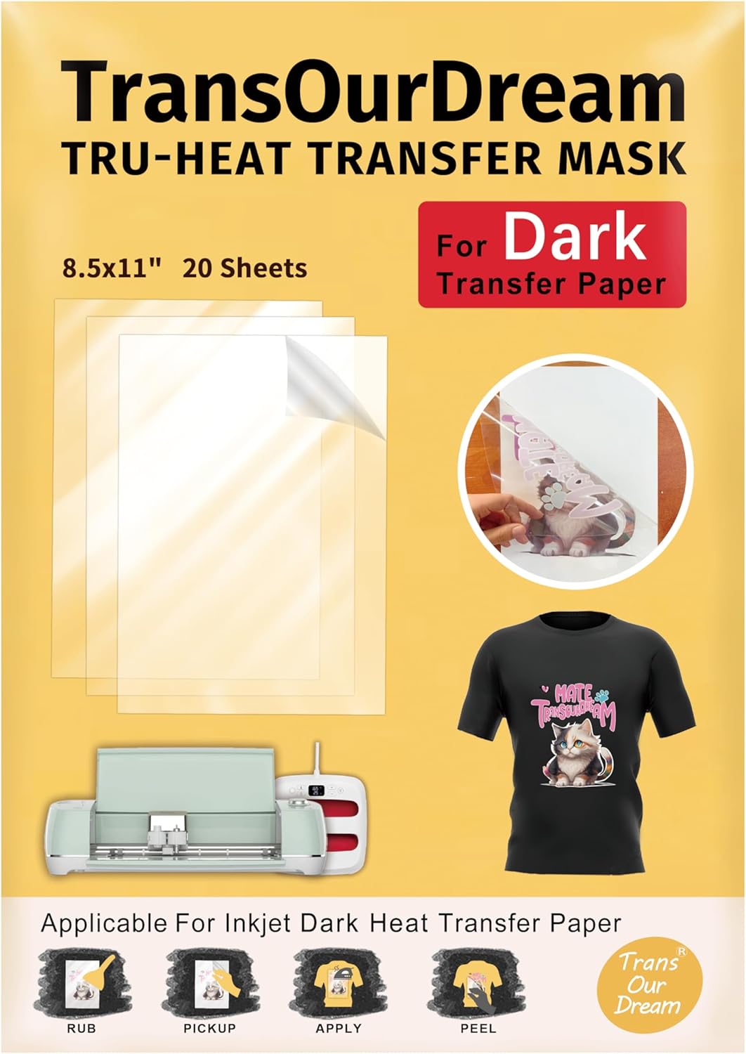 TransOurDream Tru-Transfer Tape for Dark Heat Transfer Paper (20 Sheets, 8.5"x11") Clear Heat Transfer Mask for T Shirts Iron on Transfer Paper (TAPD-20)