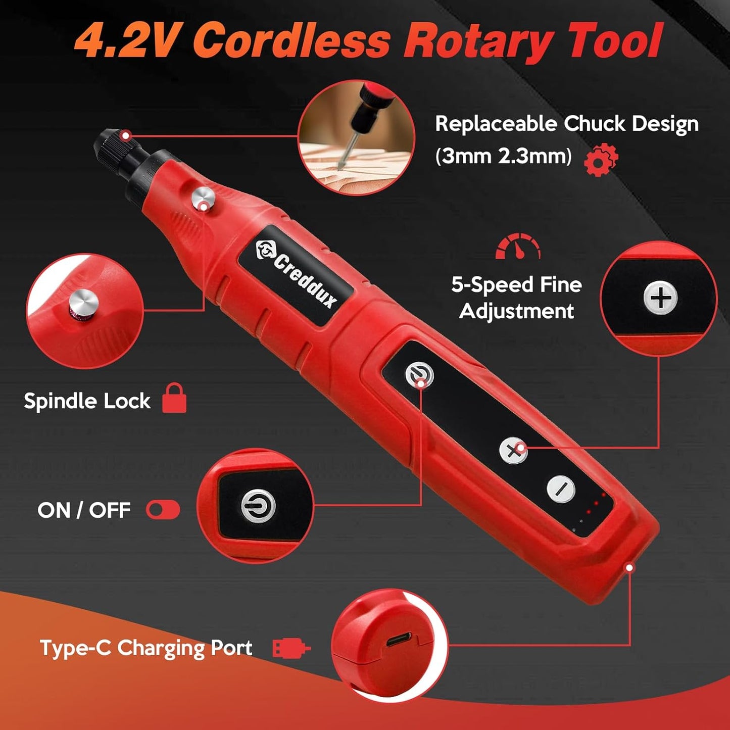 Cordless Rotary Tool,5 Speed Rotary Tool Kit With 71 Accessories,USB Charging,Multi-Purpose 4.2v Power Rotary Tools Easy Accessory Changes - Sanding, Polishing, Engraving and Cutting Red