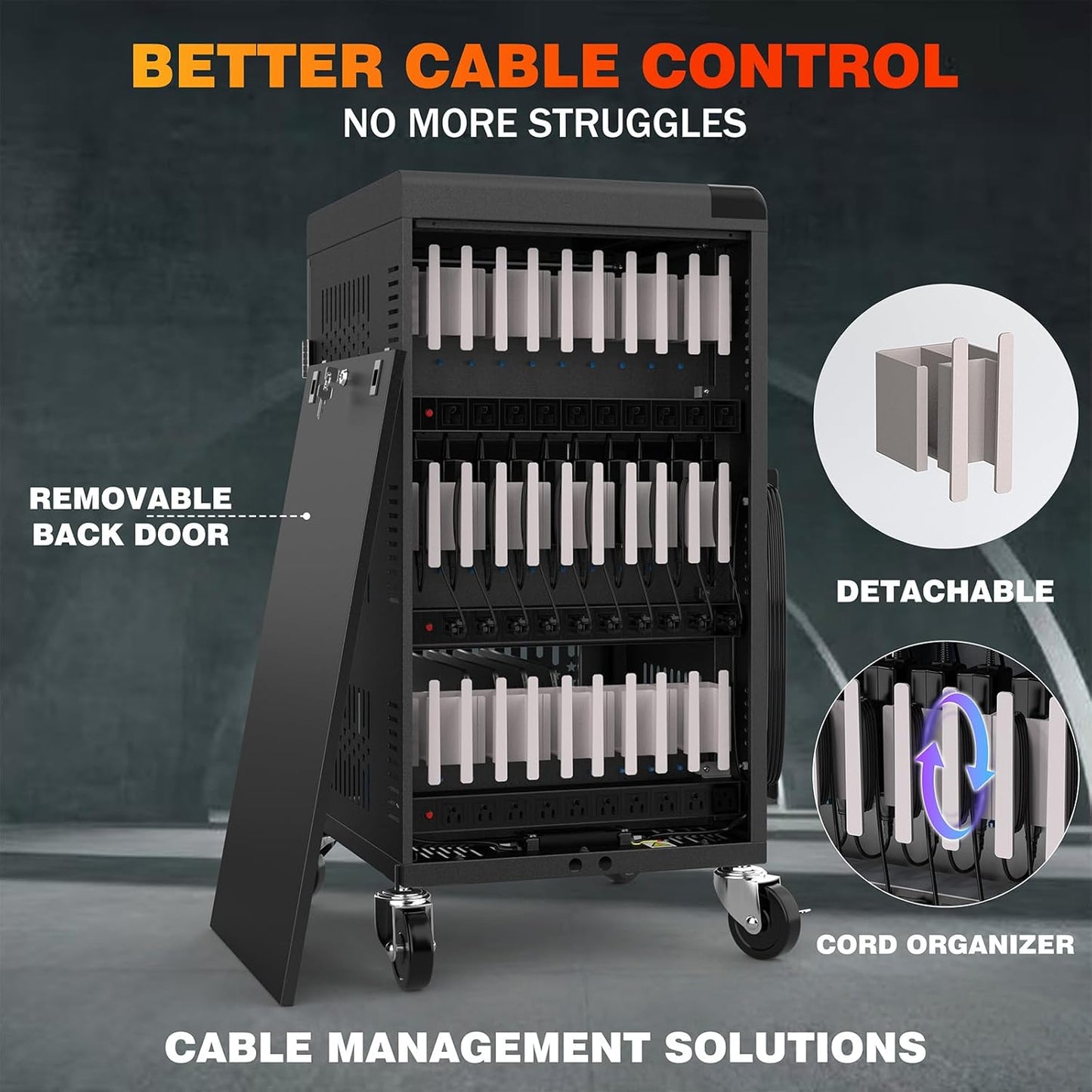 Fully Assembled 30 Bay Mobile Charging and Storage Cart for iPad, Chromebook and Laptop Computer with Keypad Lock,Up to 14-in Screen Size,Surge Protection,Front & Back Access Locking Cabinet