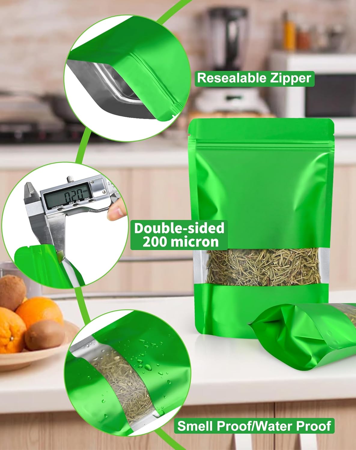 FireKylin 100 Pack Smell Proof Bags 6.3" x 9.4", Resealable Bags with Matte Window, Foil Pouch Stand Up Sealable Bags for Packaging（Green）