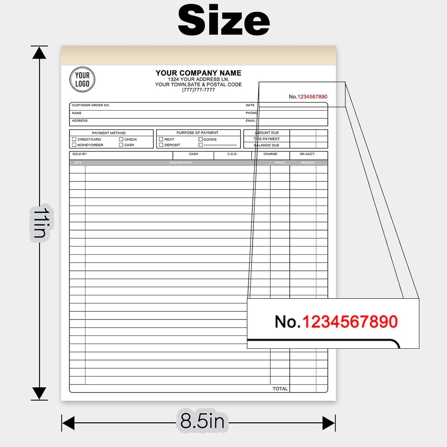 Custom Invoice Receipt Book for Small Business 8.5x11" Personalized 3-Part Contractor Duplicate Carbonless Sales Forms with Company Name Address Phone Number 150 Sets