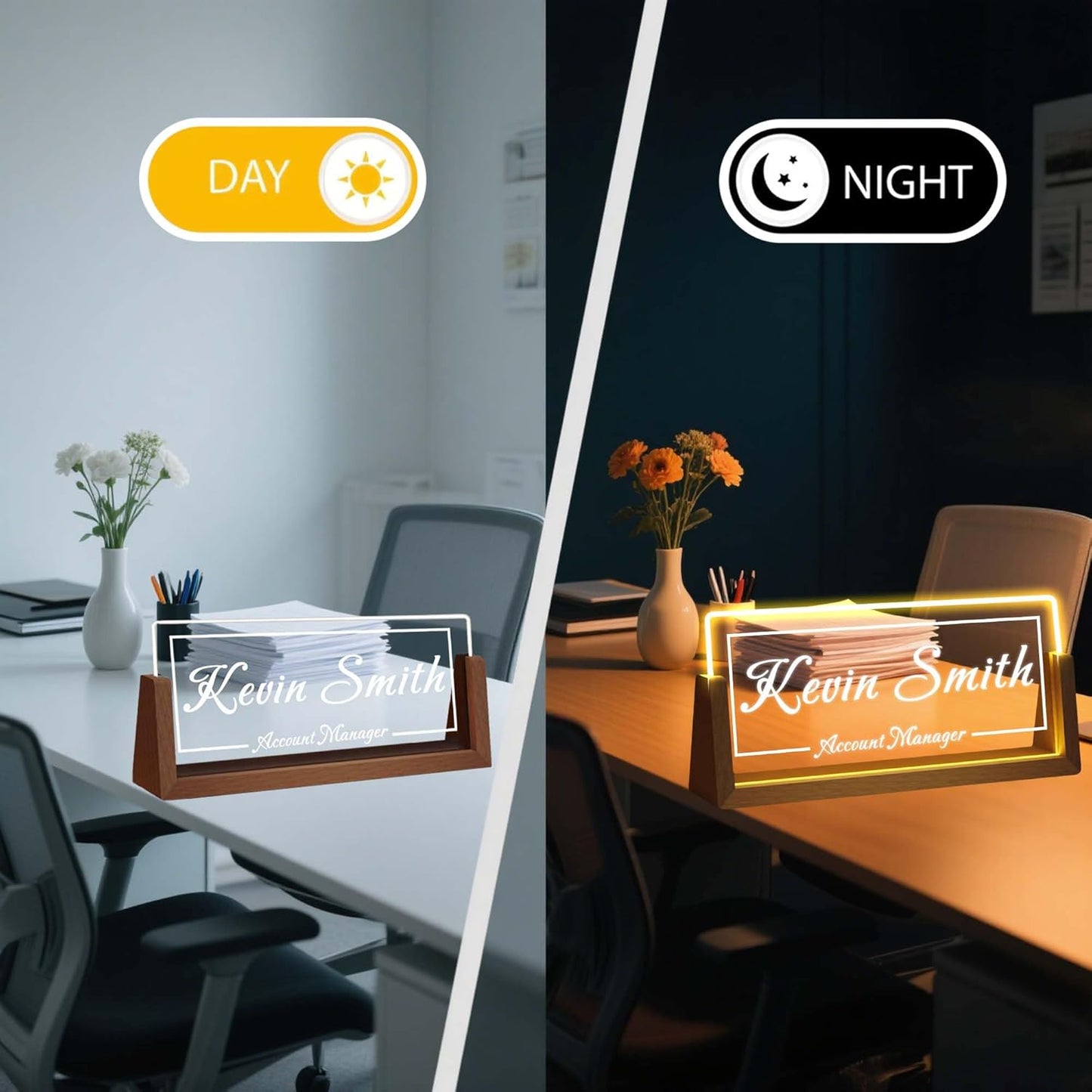 Personalized Desk Name Plate with LED Light & Wooden Base, Custom Acrylic Name Sign | Custom Office Decor & Appreciation Gifts for Boss Coworkers, New Job Promotion Gift (Style 2)