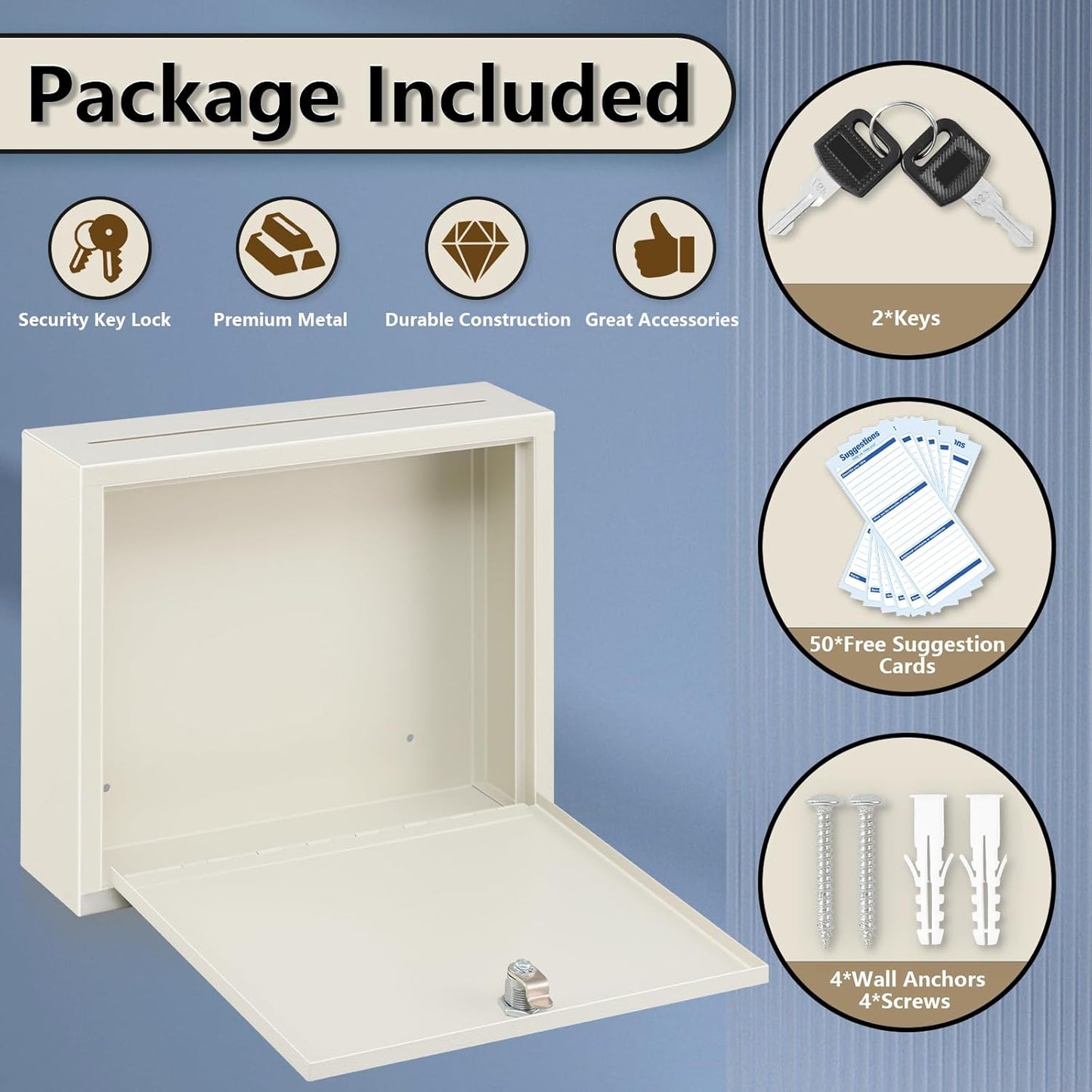 KYODOLED Suggestion Box with Lock and Slot, Wall Mounted Small Mailbox for Office, Key Drop Box with 50 Free Suggestion Cards, Safe Lock Box, Ballot Box, Donation Box, 3W x 10H x 12L Inch White