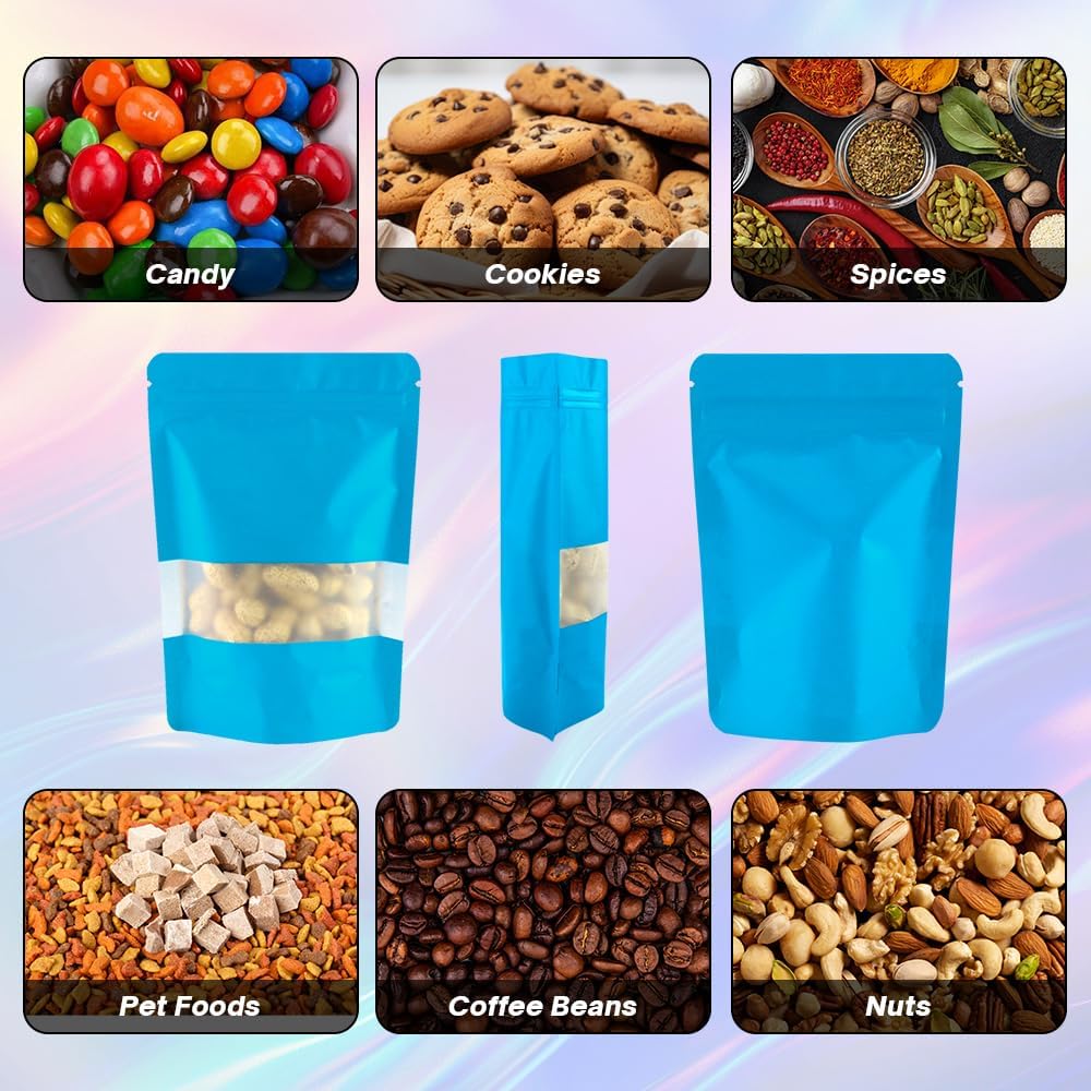 4CP 100 Pcs Blue Zipper Smell Proof Bags with Window, 7.0x10.5 Inch Stand Up Foil Pouches for Food Selfsealing Storage, Reusable Bag for Packaging Small Business, Cookies, Nunt, Candy