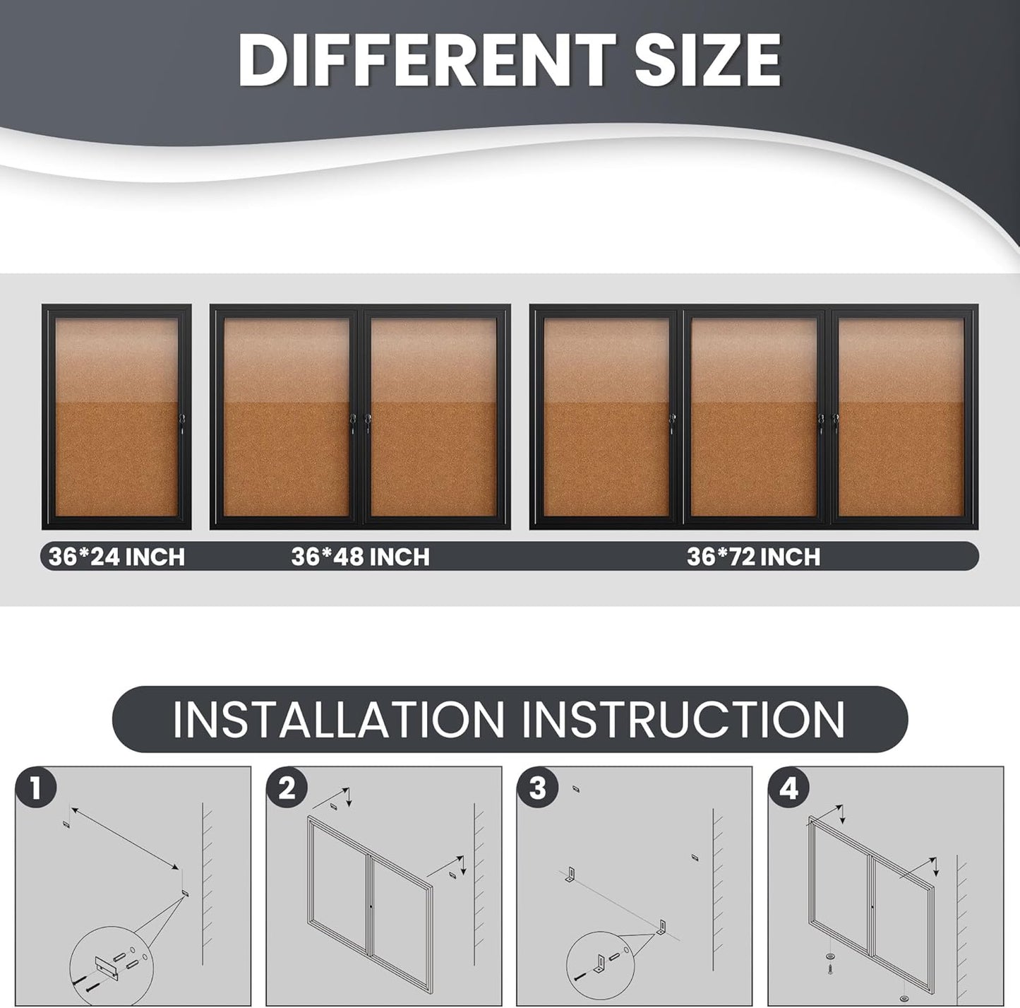 48"x36" Lockable Enclosed Bulletin Board, Outdoor Cork Weather-Resistant Aluminum Frame Notice Board, Wall Mounted Display Case Acrylic Doors for School,Office,Black Frame w/Cork