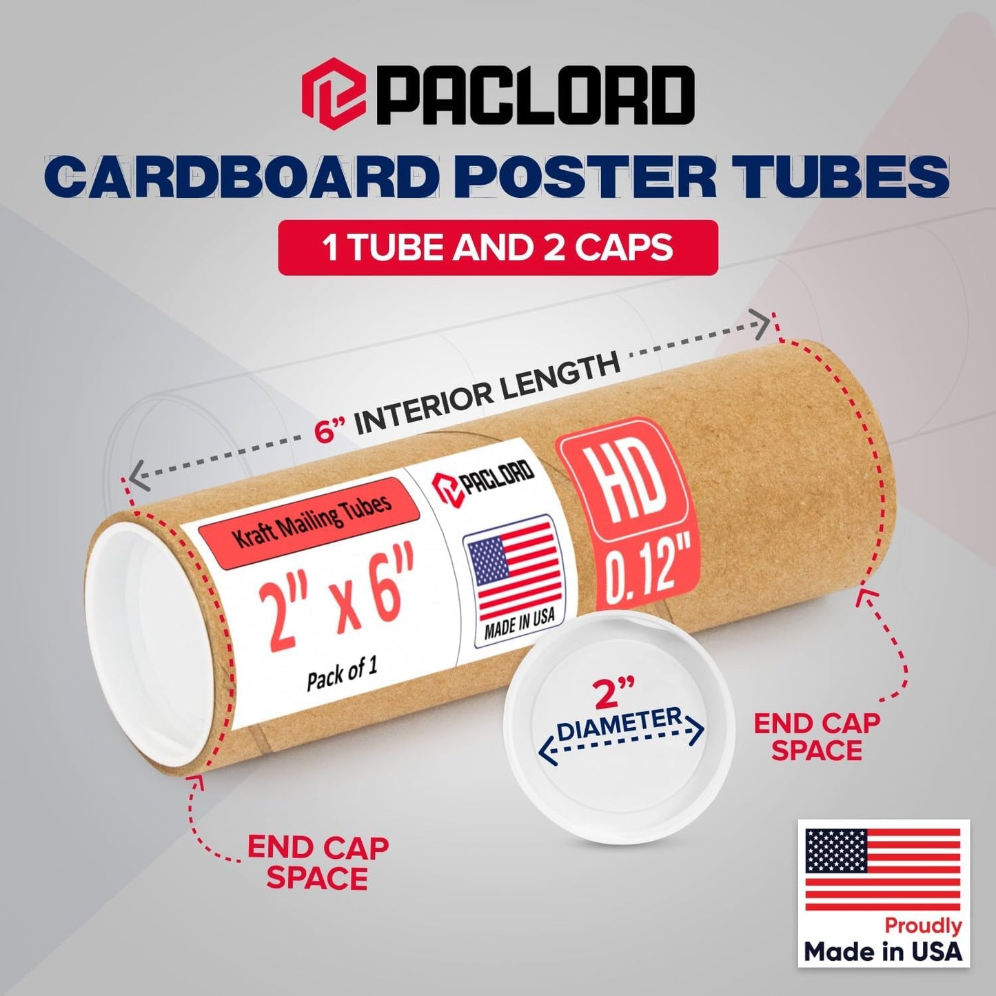 2" x 6" Heavy-Duty Reinforced Cardboard Mailing Tube, Pack of 1 Tube with 2 Caps – Secure USPS Approved – Great for Shipping and Storing of Prints, Artwork, Posters or Documents