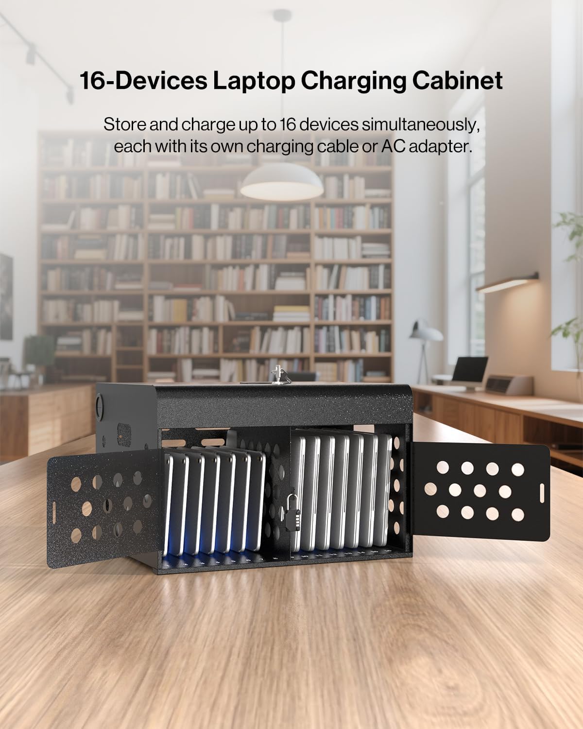 16-Device Locking Tablet Charging Station - Classroom Charging Station for Chromebook Tablet Laptop - Metal Laptop Charging Cart with Cable Management and Charger Organization (Black)