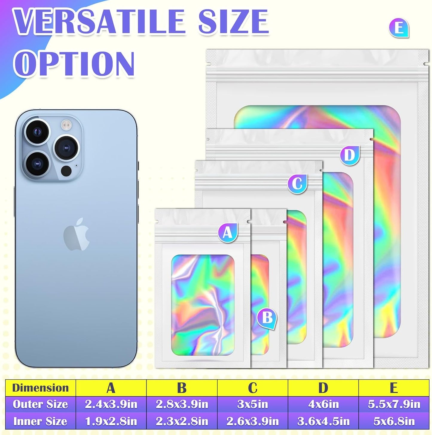300 Pcs Mylar Bags, Smell Proof Bags Foil Pouch, Holographic Resealable Bags for Small Business, Candy Sample Jewelry Bag Sealable Packaging for Party Favor Food Storage ((2.8x3.9in-White)